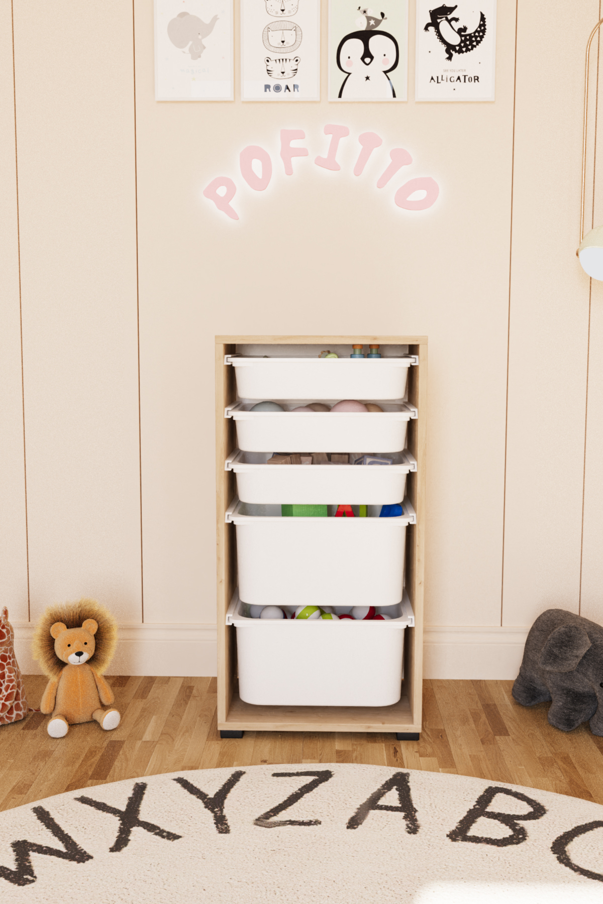 Armoire à jouets avec 2 profonds et 5 paniers, armoire multi-usage pour cuisine, cellier et salle de bain