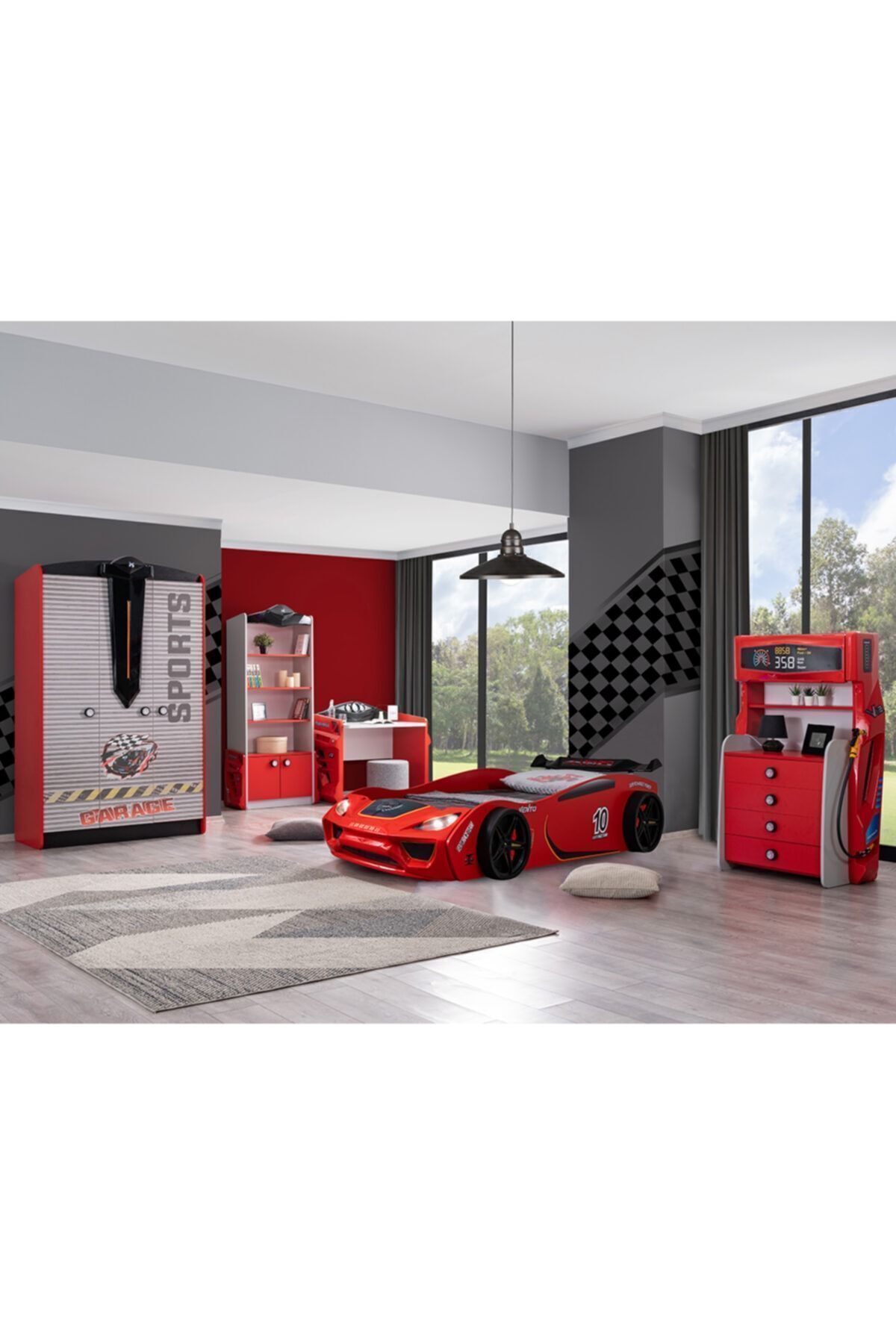 Chambre d'enfant - Lit sur roulettes Vento - Armoire 3 portes Sport, Bureau, Commode, Bibliothèque - Rouge