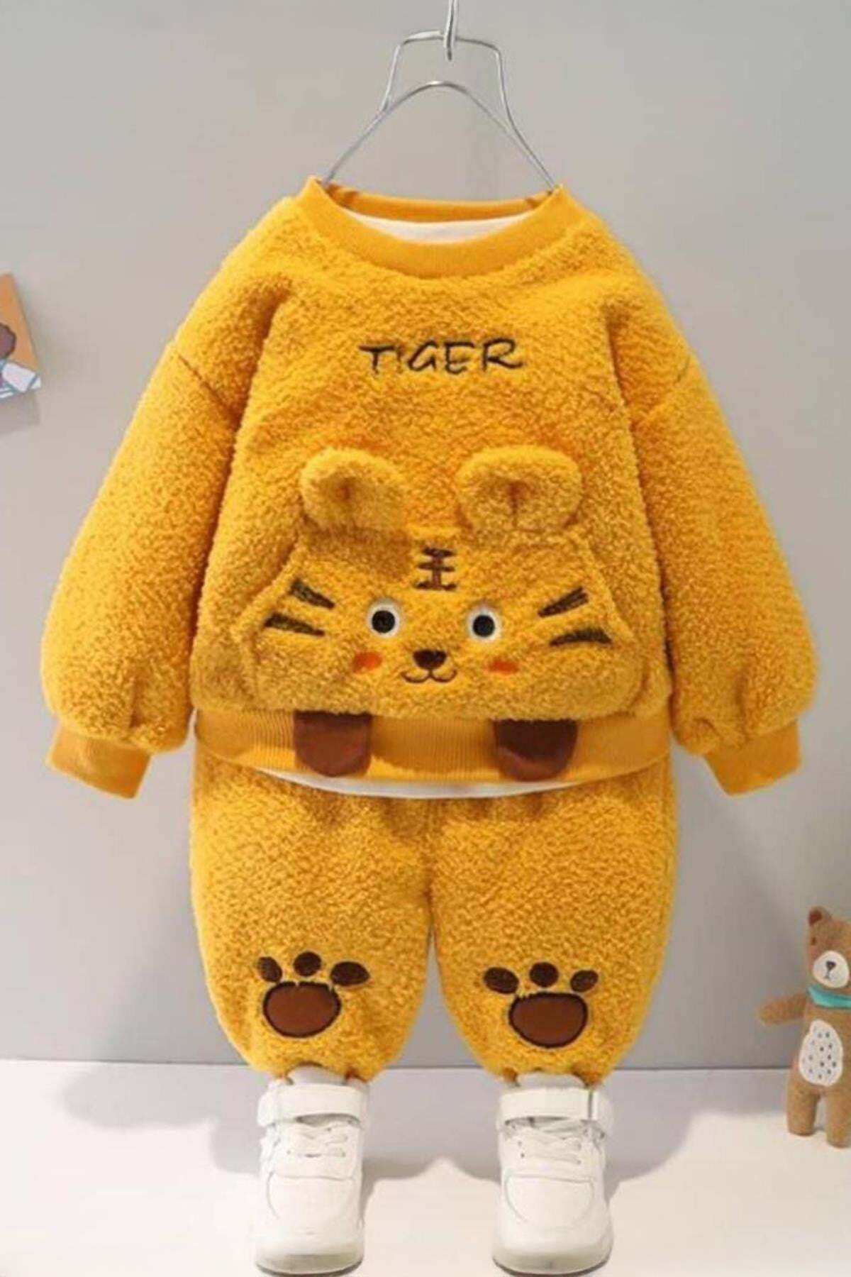 Ensemble Haut et Bas 2 pièces en Peluche Welsoft d'Hiver pour Bébé et Enfant Unisexe - Moutarde