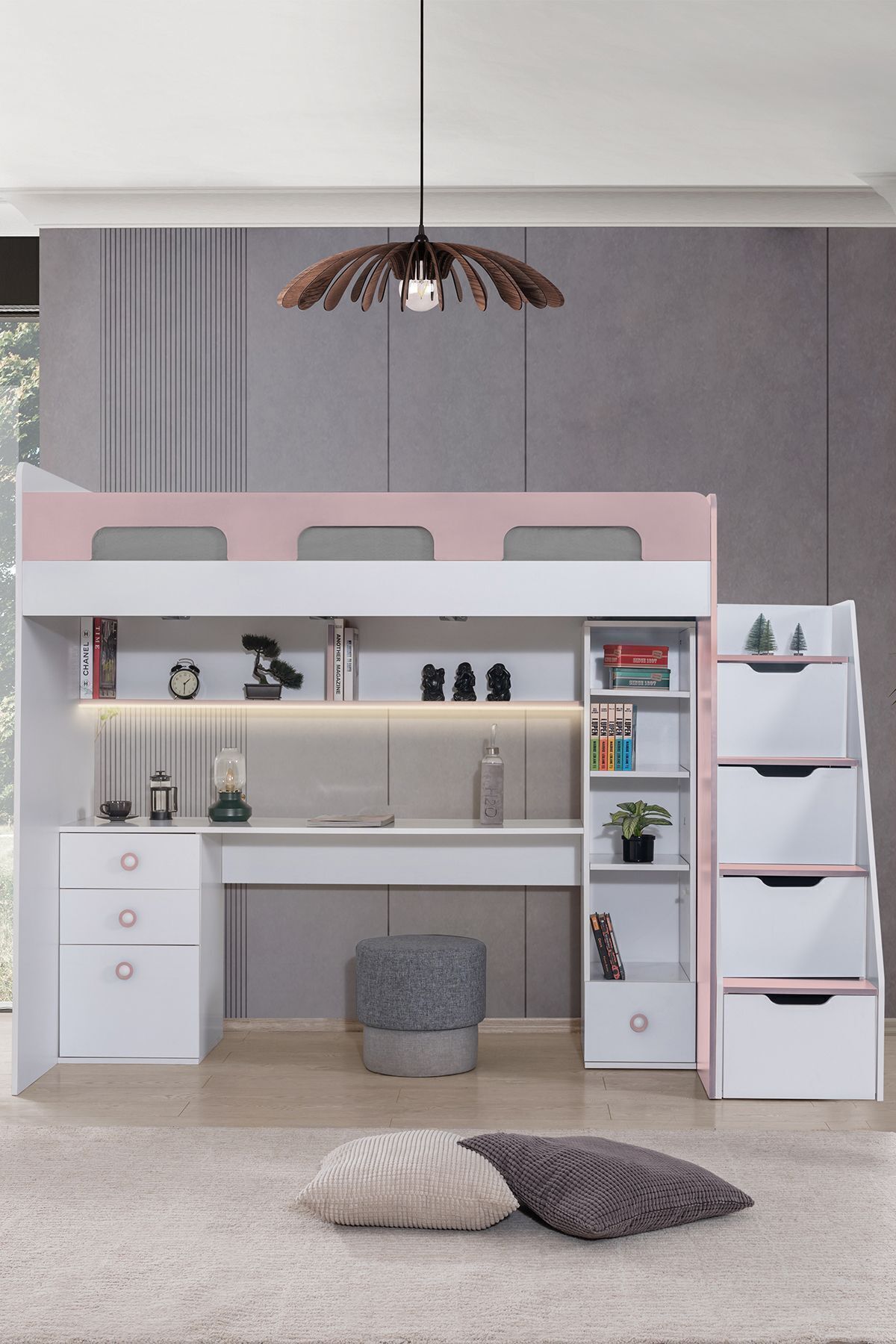 Lit superposé, bureau et bibliothèque Troya - Rose