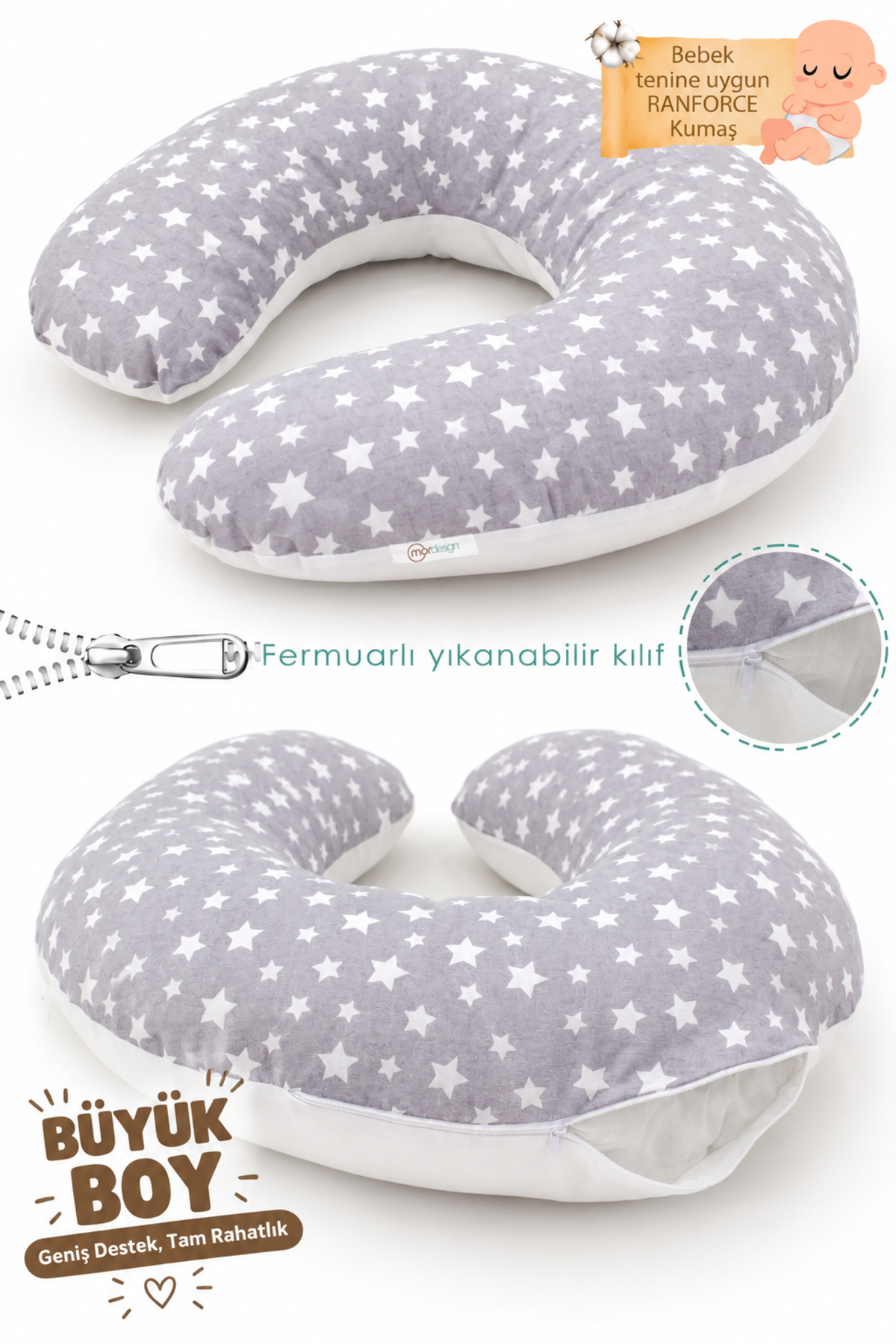 Coussin d'allaitement double face / Coussin de soutien pour bébé, Coussin de grossesse, Tissu en coton, Motif étoiles, Gris