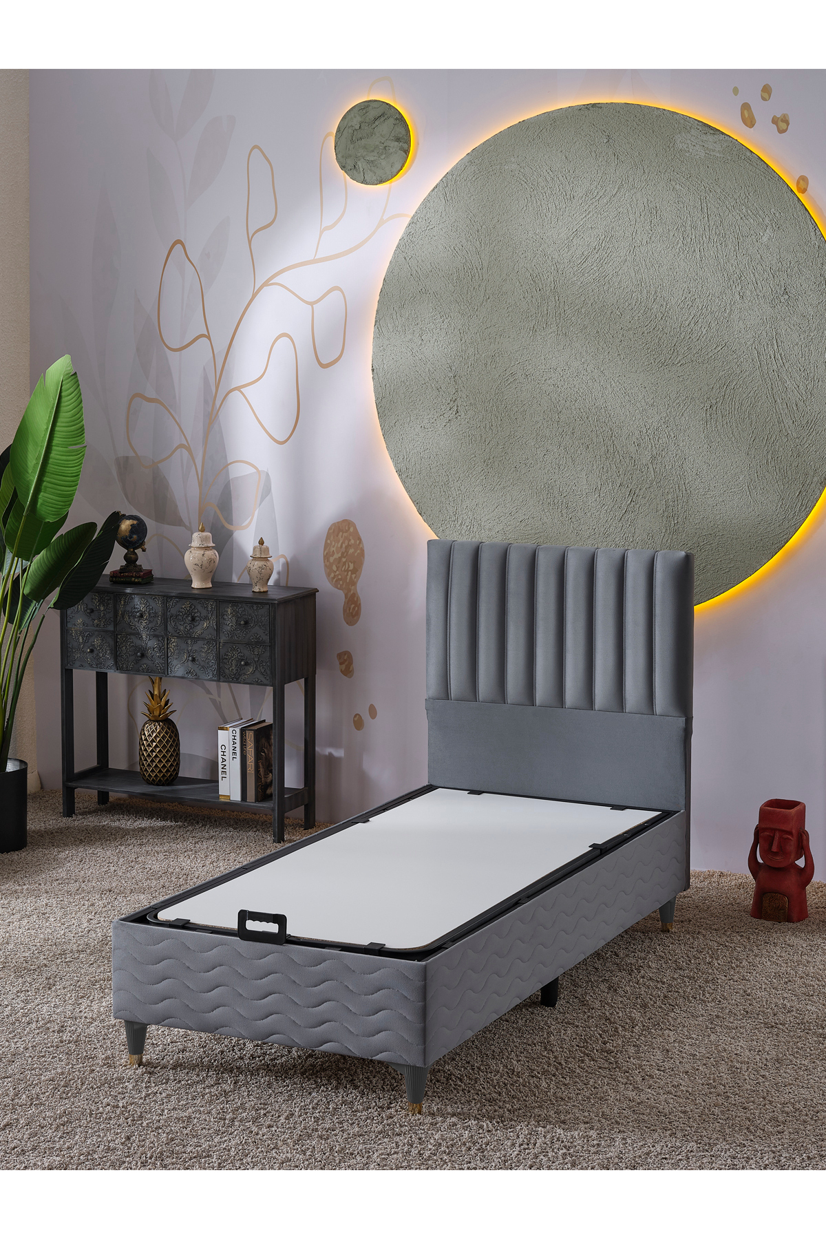 Ezgi Lit Simple (Cadre + Tête de lit + Matelas) Set de 3 pièces (Gris)