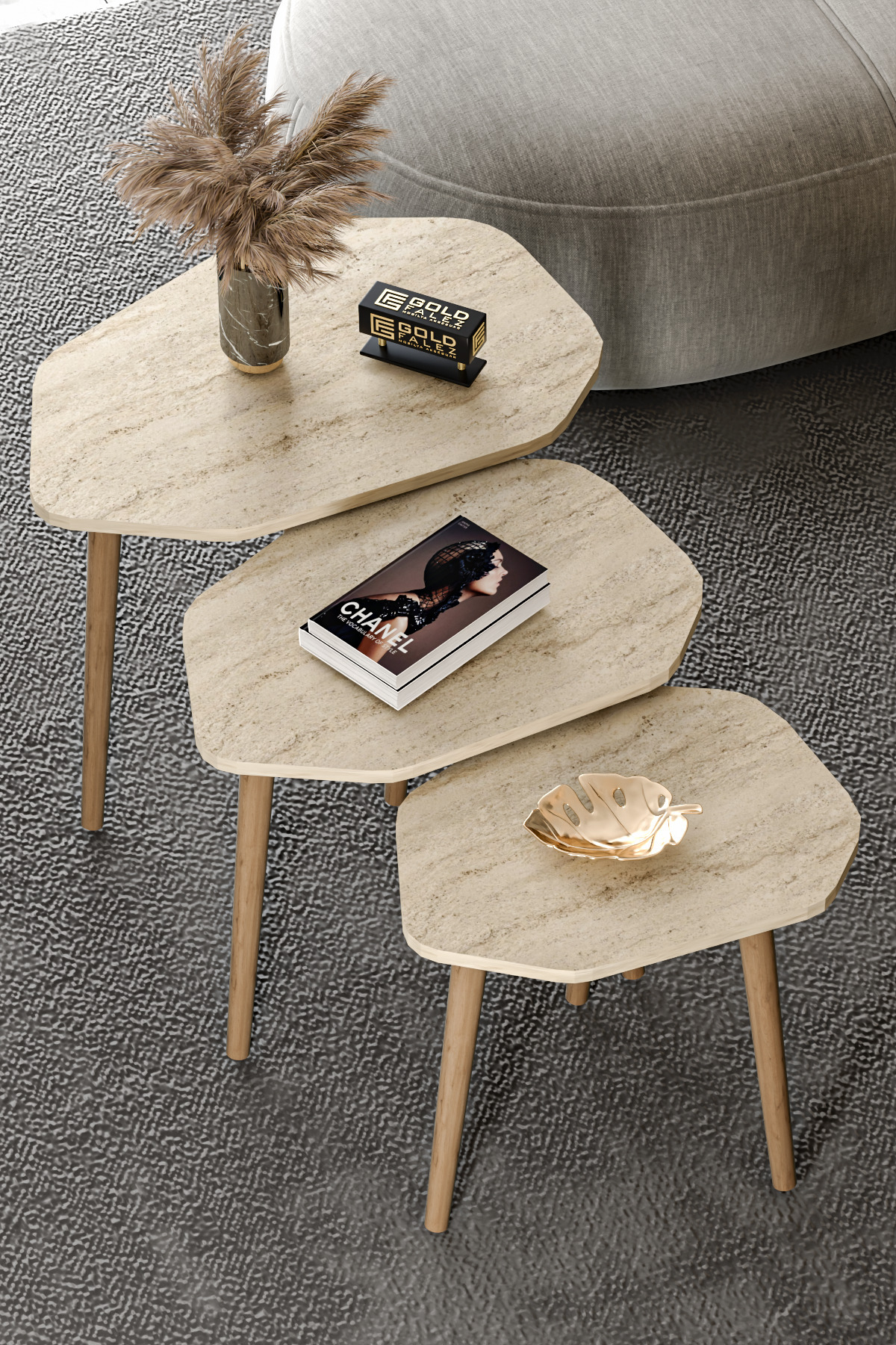 Table gigogne 3 pièces Trio Table d'appoint en bois Table basse Travertin