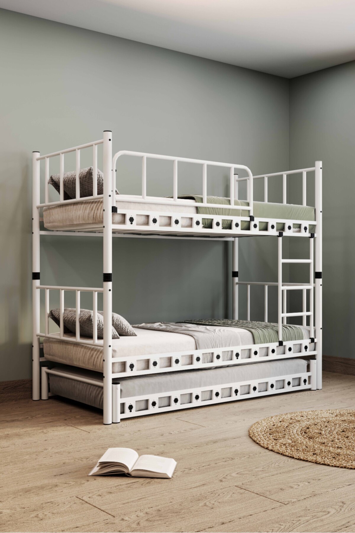 Chambre d'enfant jeune avec lit superposé et lit métallique  blanc Zambak Yavrulu