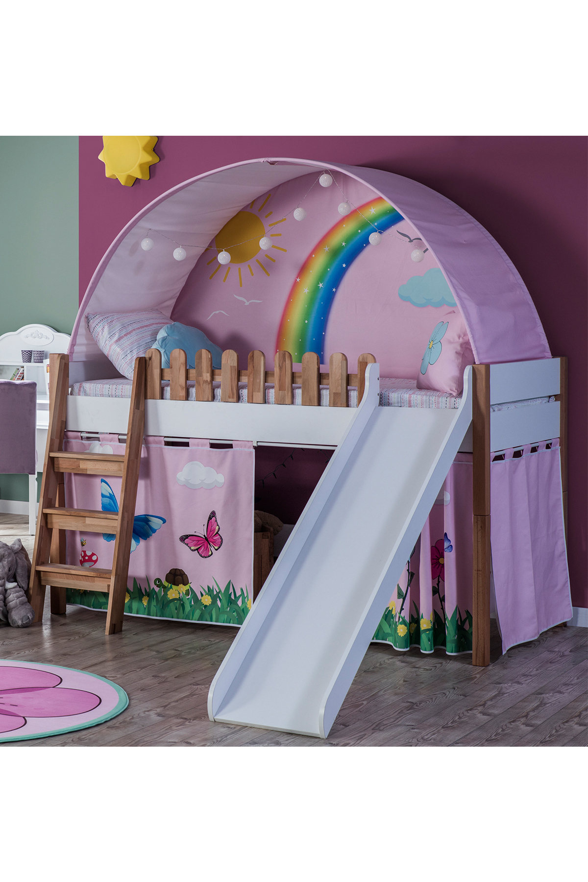 Équipe Montessori pour Chambre d'Enfants My House avec Lit Superposé à Glissade et Maison de Jeu Rose