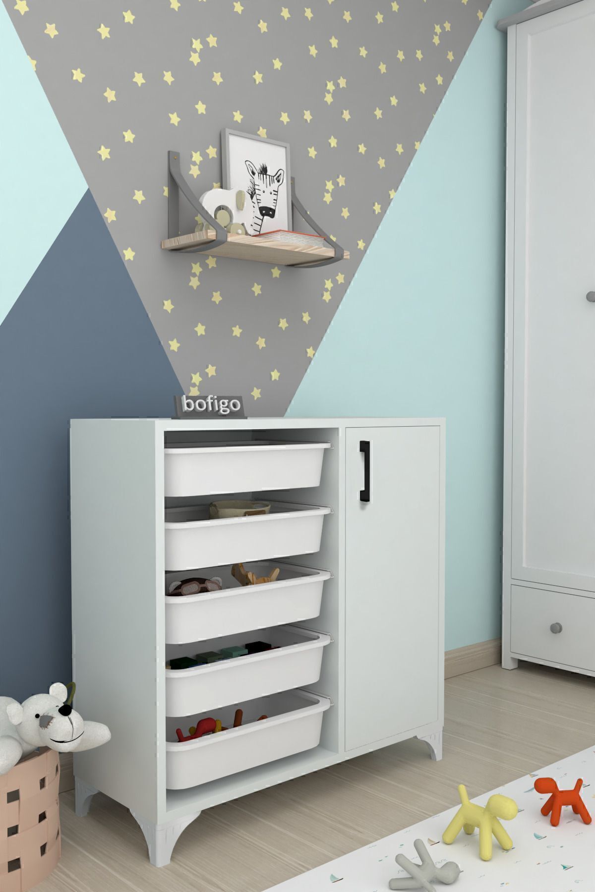Armoire à 5 paniers, armoire polyvalente, armoire à jouets Kayra blanche