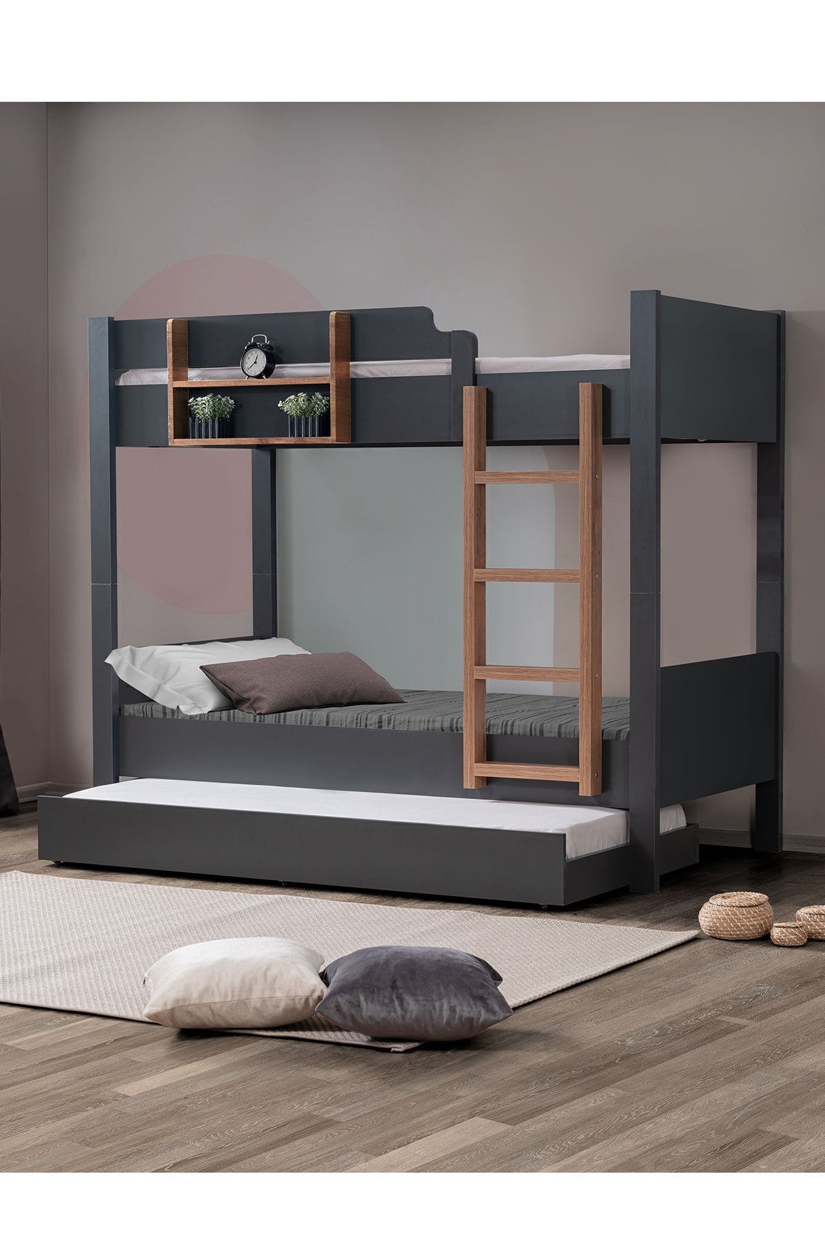 Lits superposés Ranza, lits superposés modulables avec tiroirs Anthracite - Noyer