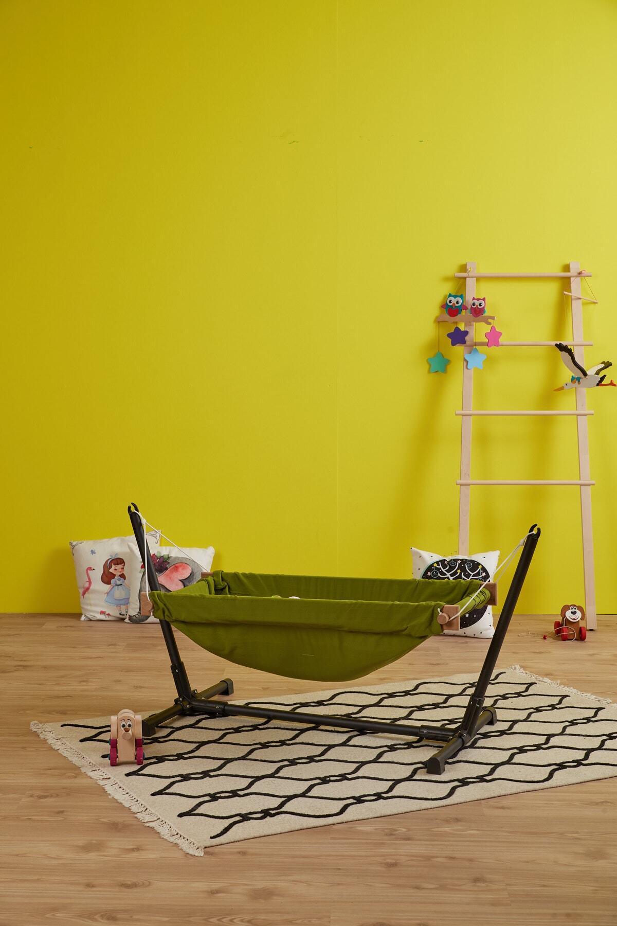 Berceau hamac pour poupée en bois avec support (Vert)