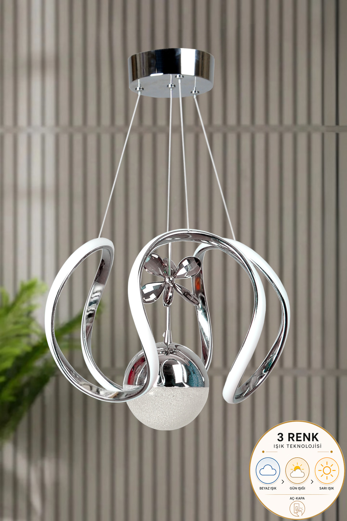 Suspension LED moderne Clasy modèle en métal avec revêtement chromé, 3 couleurs, pour salon, cuisine, séjour et chambre