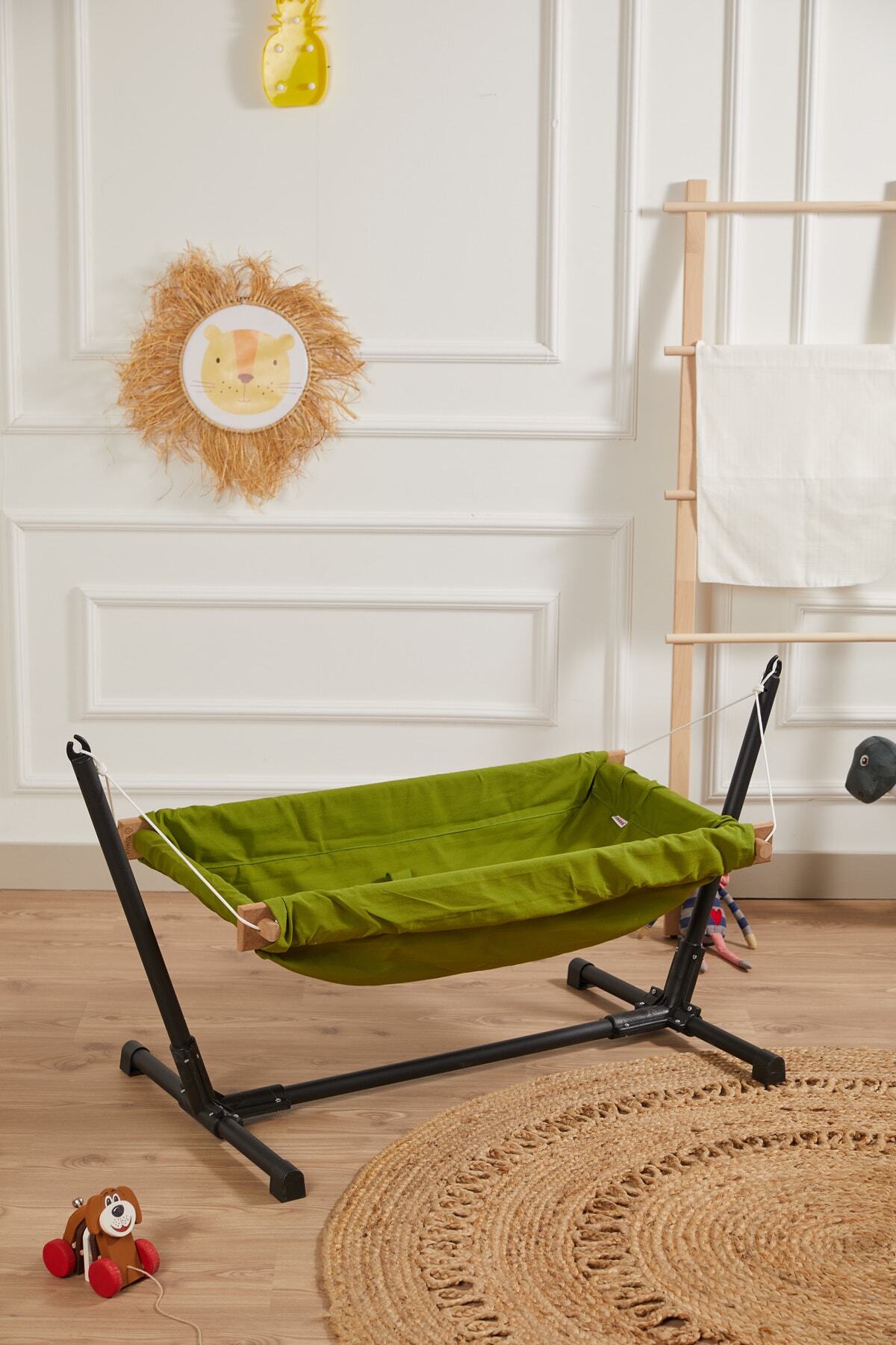 Berceau hamac pour poupée en bois avec support (Vert)