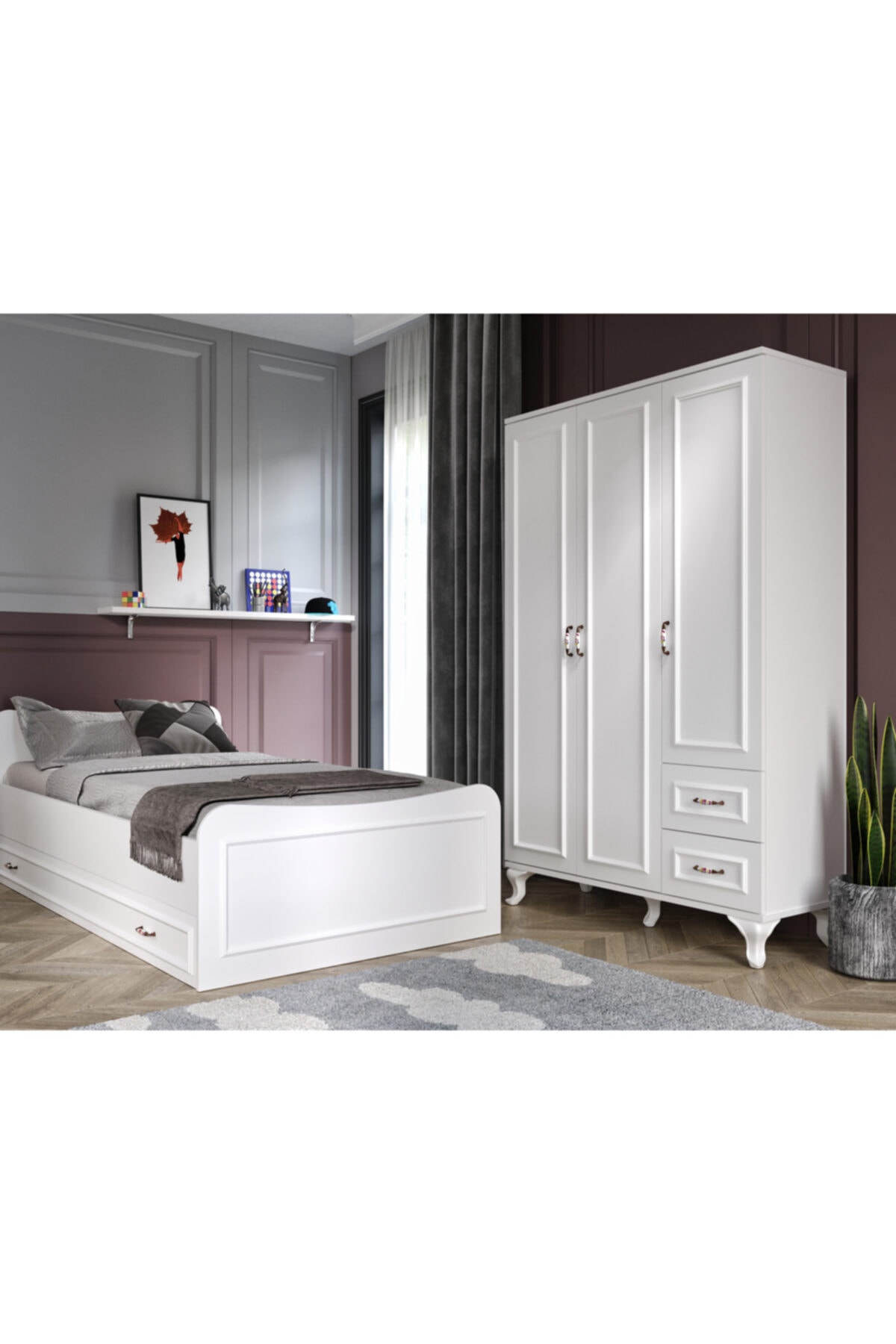 Ensemble de chambre Kartopu Country - Armoire à 3 portes, Lit superposé, Commode à 3 tiroirs, entièrement en MDF
