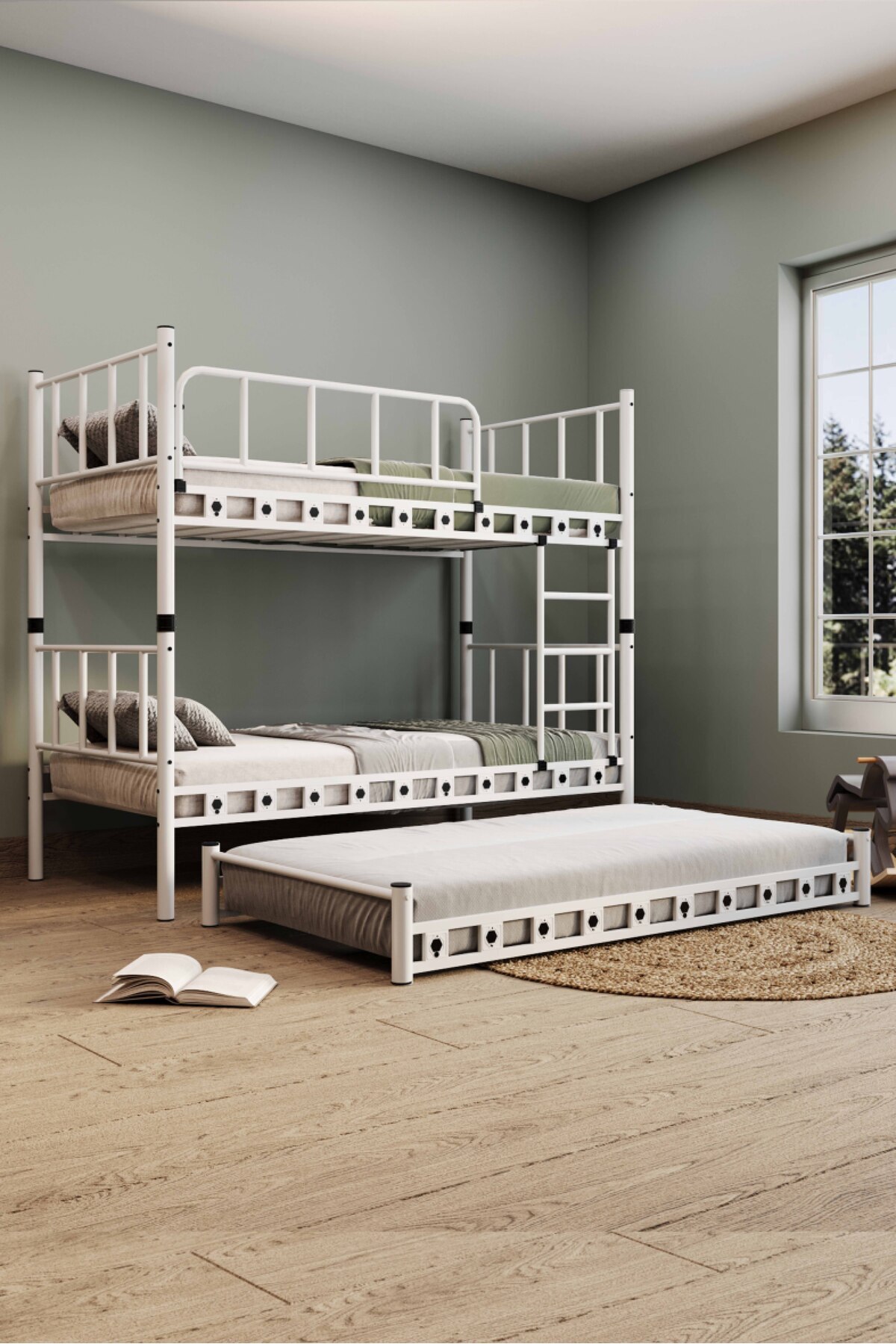 Chambre d'enfant jeune avec lit superposé et lit métallique  blanc Zambak Yavrulu
