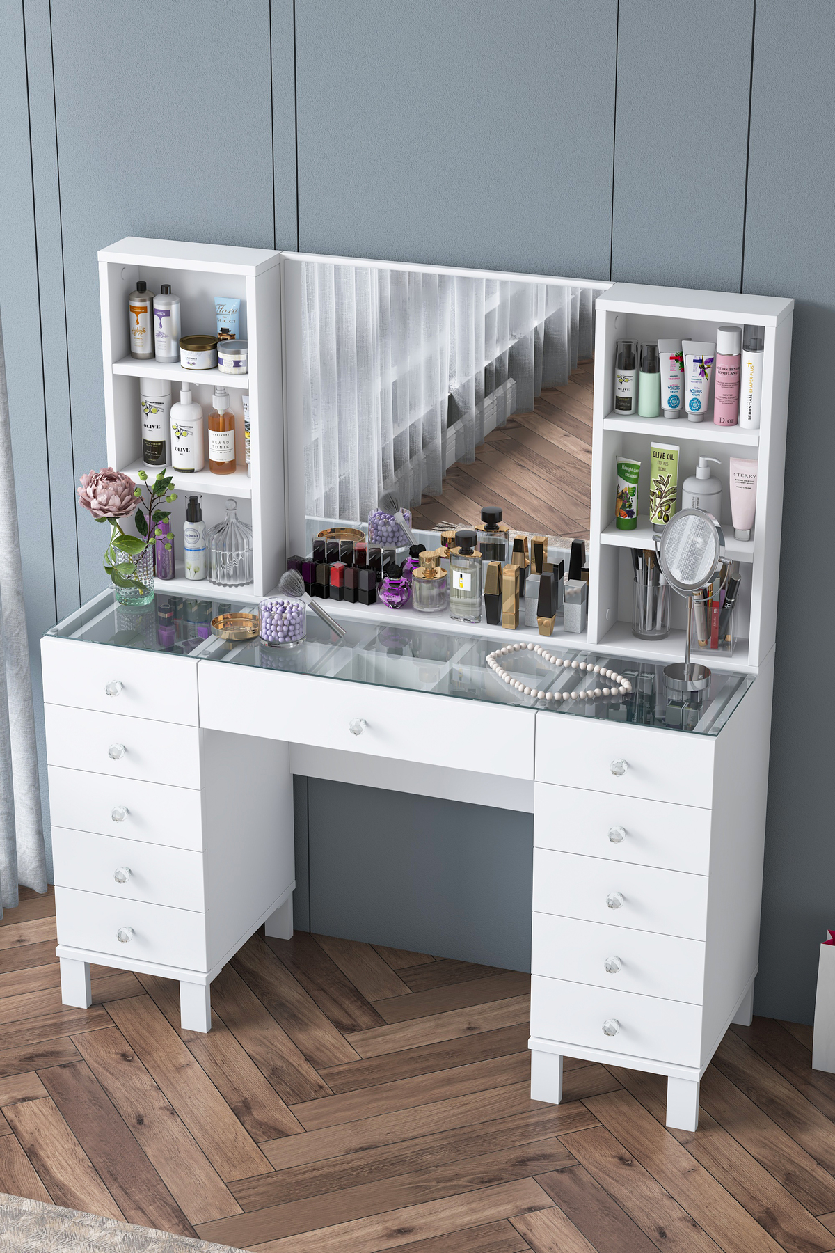 Rani Coiffeuse avec Tiroirs, Étagères et Miroir, Organisateur de Bijoux Blanc