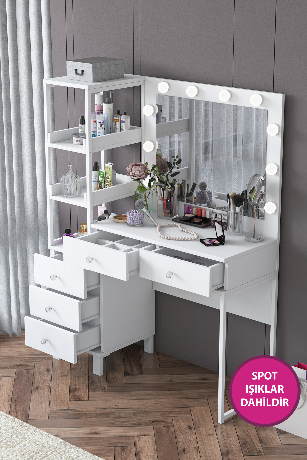 Rani Coiffeuse Miroir avec Lumières de Hollywood, 5 Tiroirs avec Étagère, Organisateur de Bijoux, Blanc