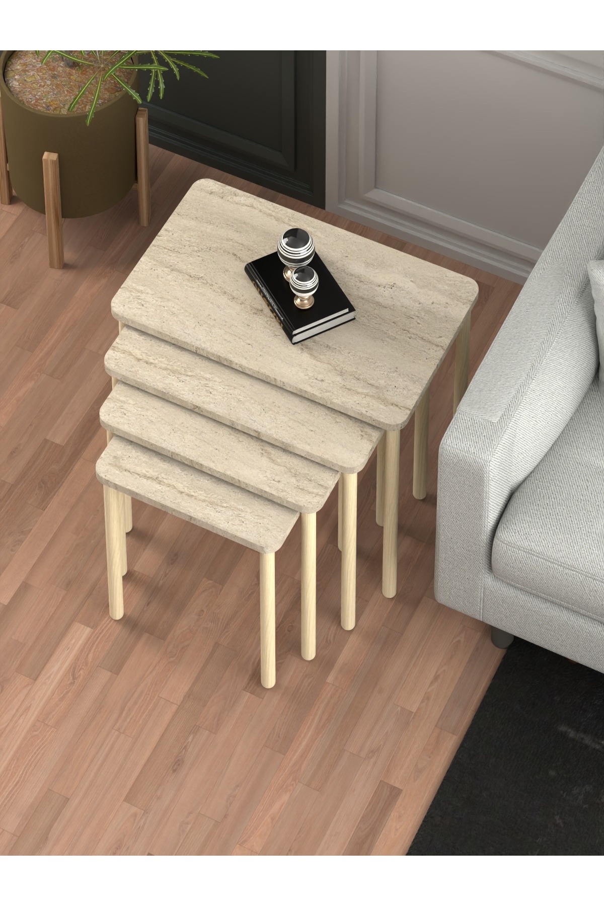 Obim 4 pièces Travertin en bois Empilement Immatriculation - table de thé Table de service Table-salon Table - design moderne