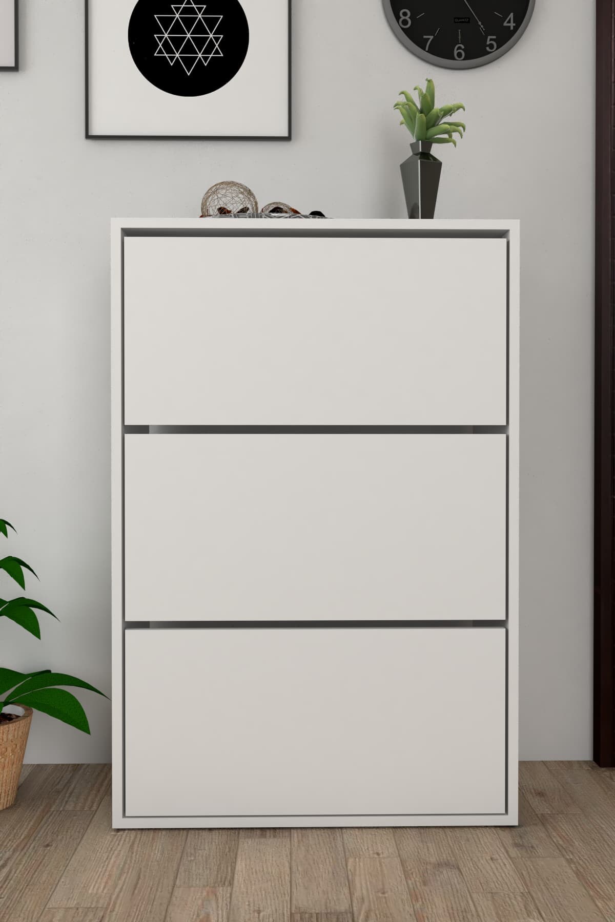 Meuble à chaussures blanc avec 3 portes et étagères coulissantes