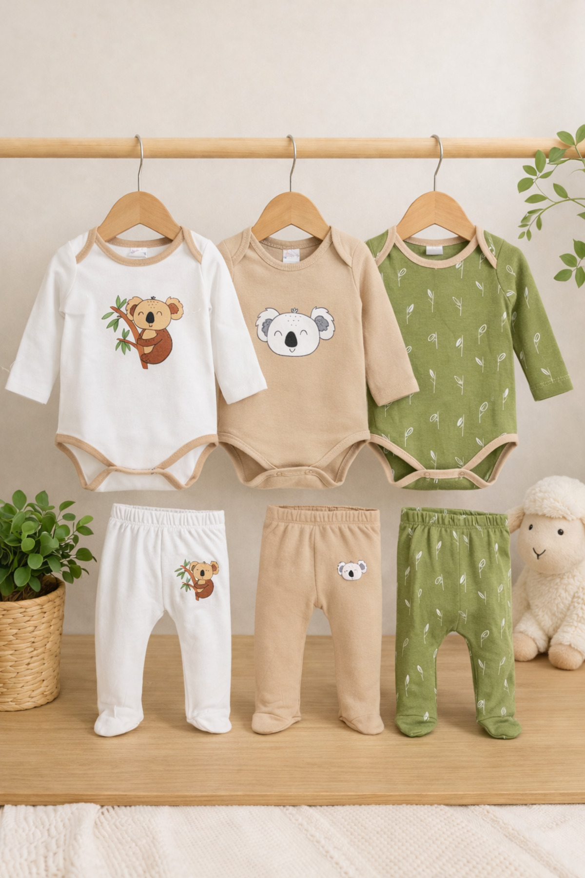 Set de 6 pièces pour bébé avec motif Koala : 3 bodies et 3 pantalons avec pieds - Multicolore