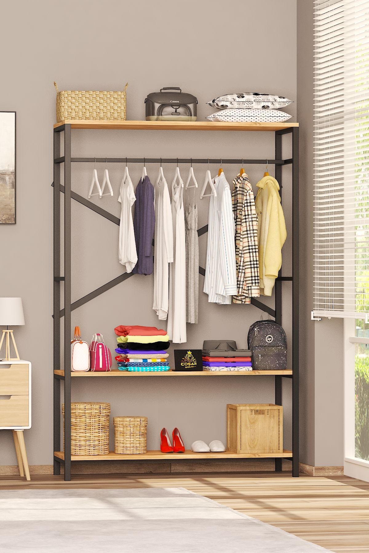 Alkor  Armoire Vestiaire Ouverte en Panneau de Particules Métal avec Motif Bois Massif Porte-Manteaux