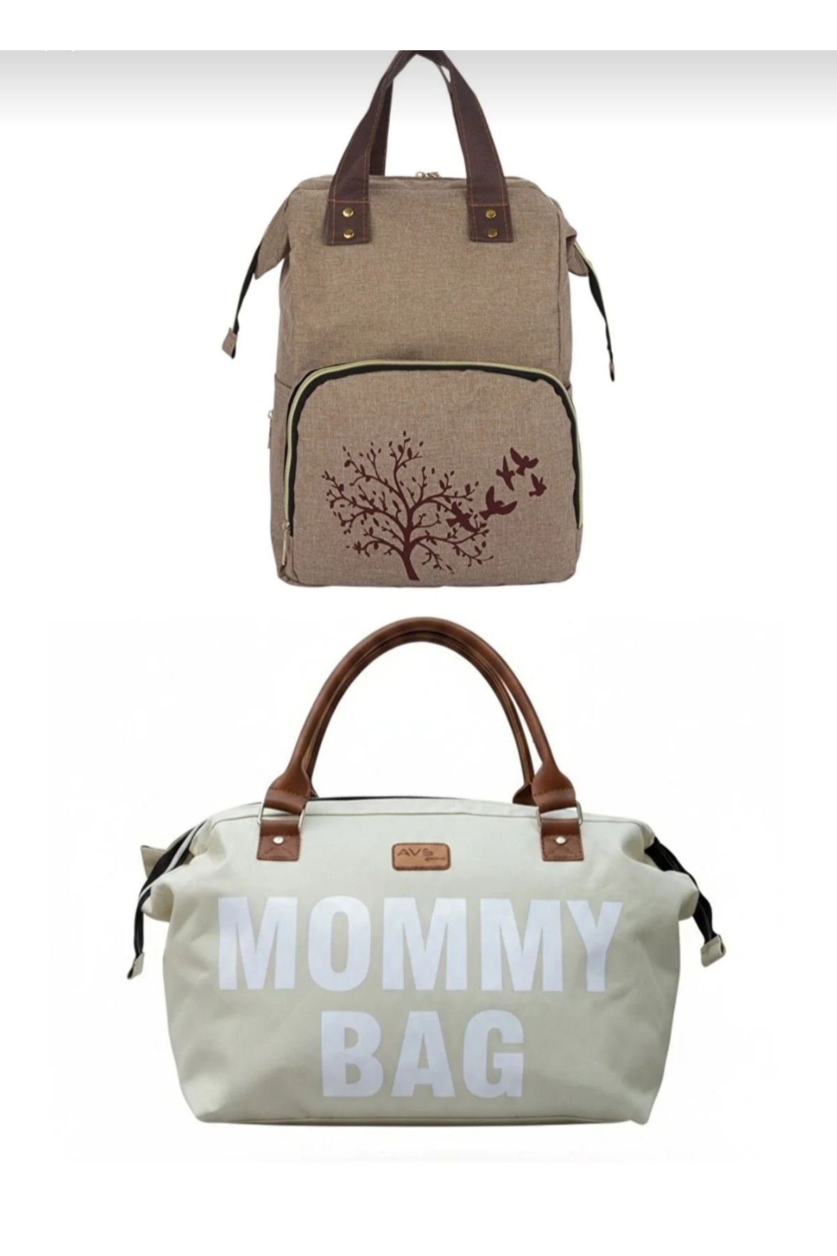 Ensemble de 2 pièces de luxe beige et bois Sac à dos pour soins mère-bébé et sac à main et sac à épaule pour mère-bébé