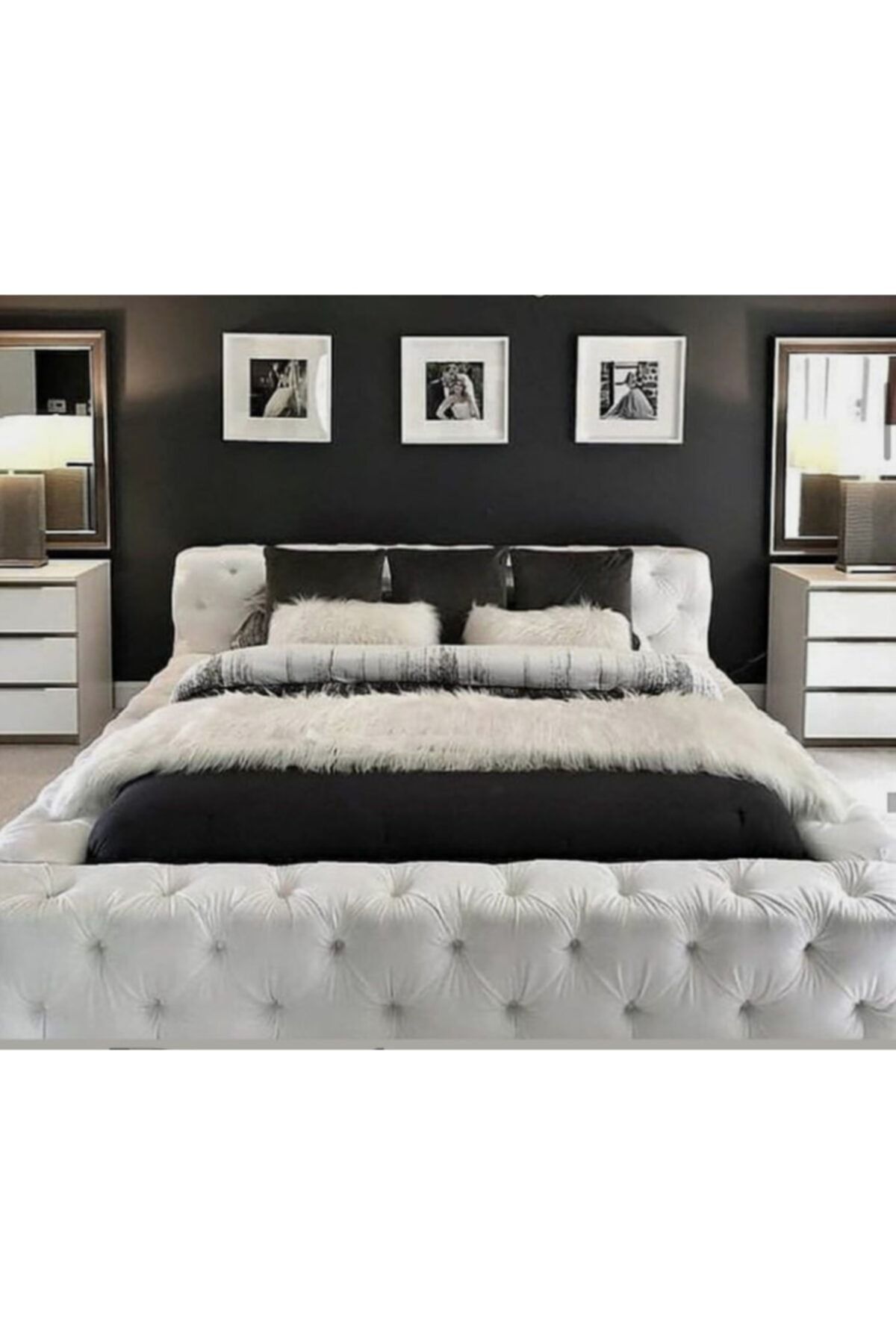 Lit double avec tête de lit, couleur flocon de neige blanc