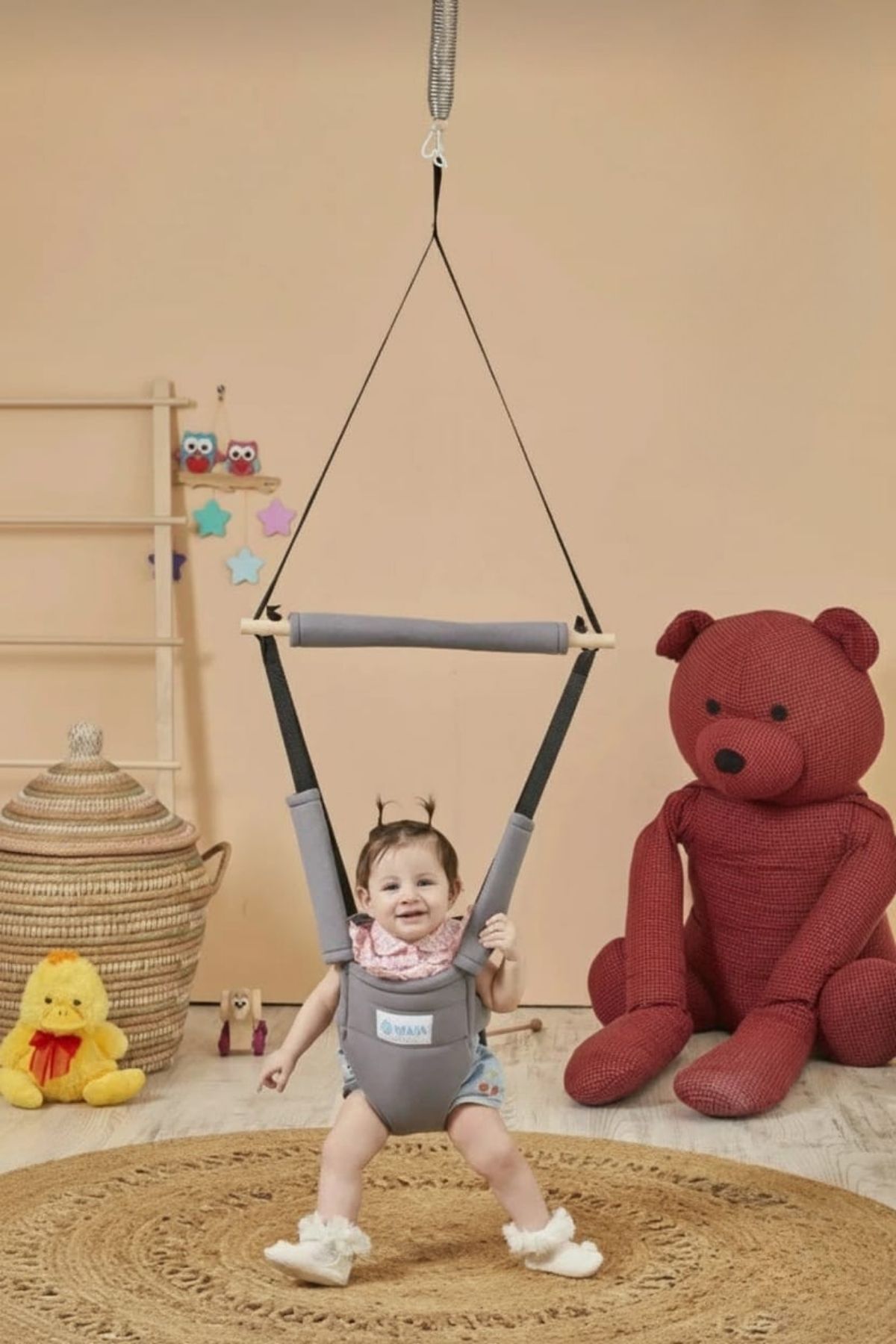 Hoppala Zıpzıp Kangourou avec Protection Faciale, Trotteur Bébé à Équilibre à Ressort en Bois Naturel Gris