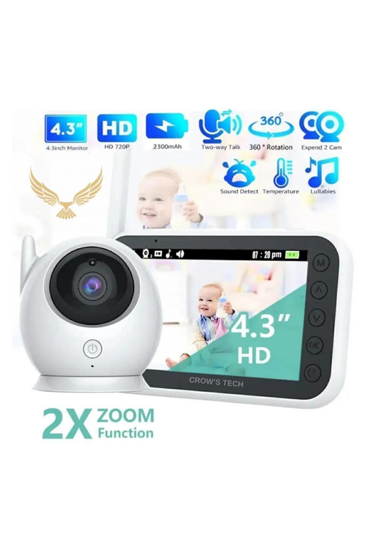 Moniteur pour bébé avec écran CT-LCD et vision nocturne - Caméra de surveillance pour bébé sans fil avec contrôle de la température de la chambre