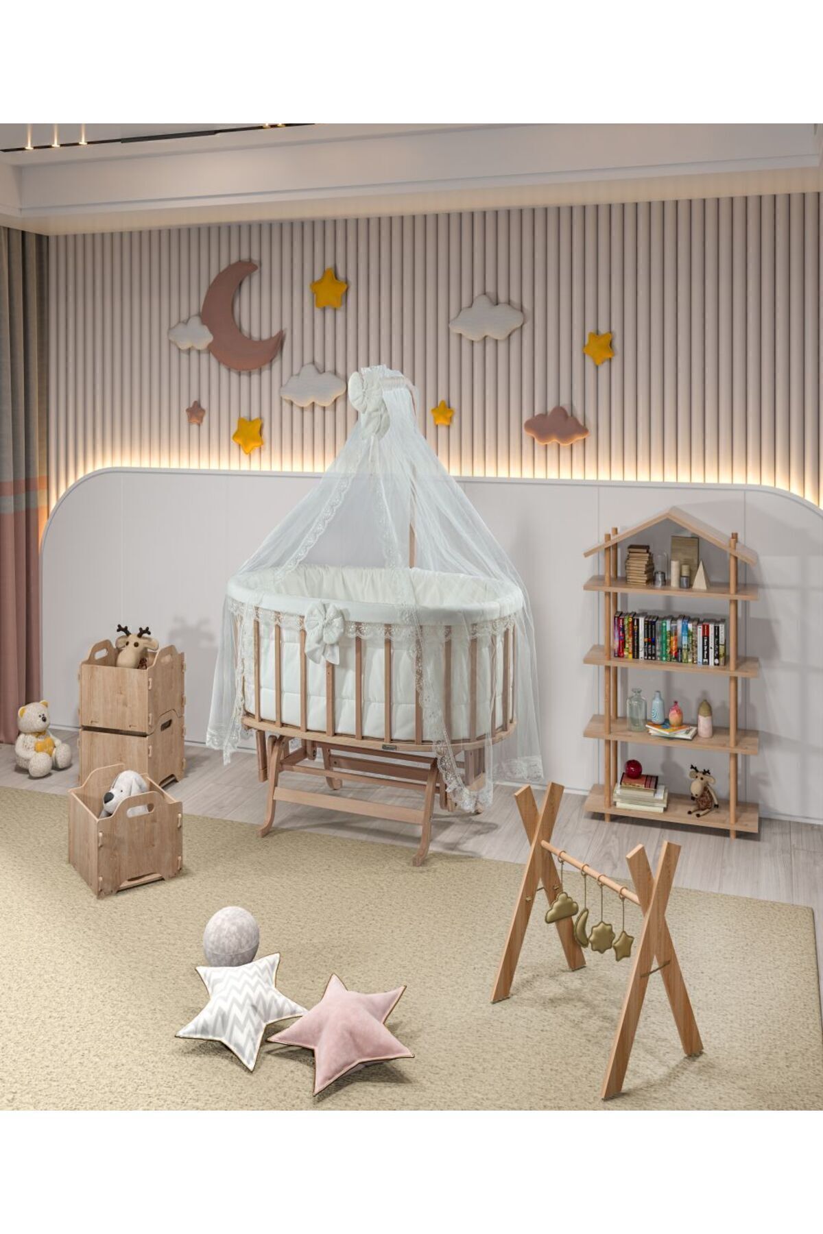 Berceau Amedan Beige avec Parure de Lit en Dentelle Française en Bois Massif