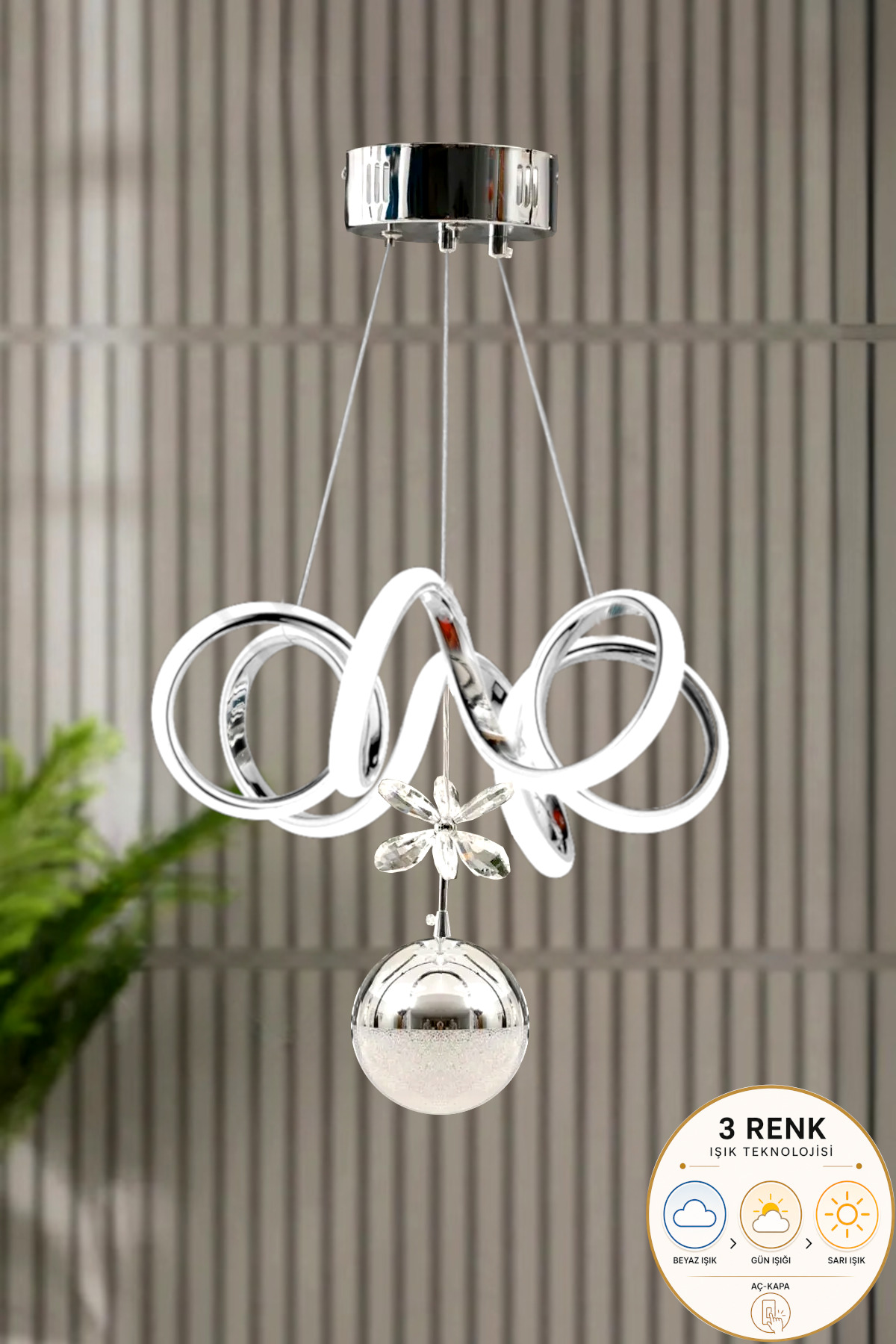 Suspension LED moderne en métal chromé Elda modèle 3 couleurs pour salon, cuisine, séjour, chambre