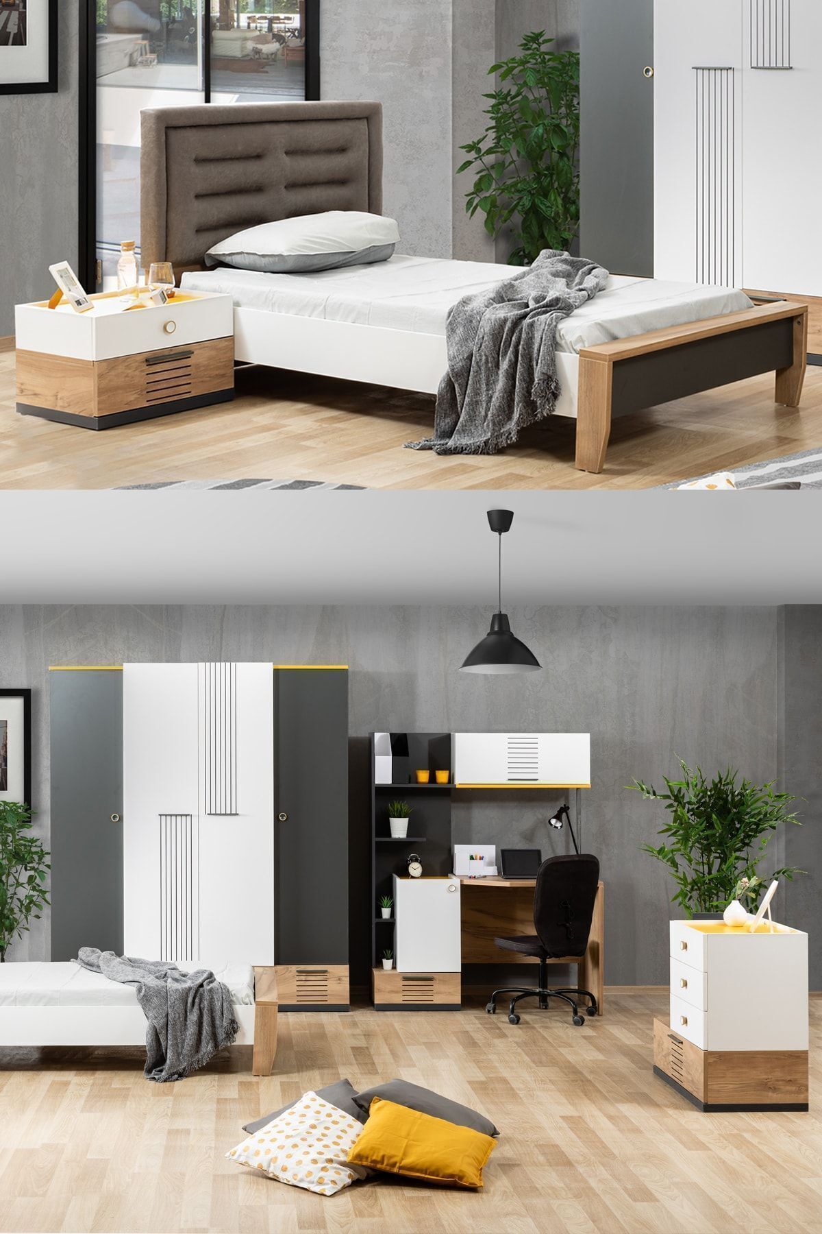 Chambre d'Adolescent Relax - Armoire 4 Portes, Lit, Table de Chevet, Commode, Bureau