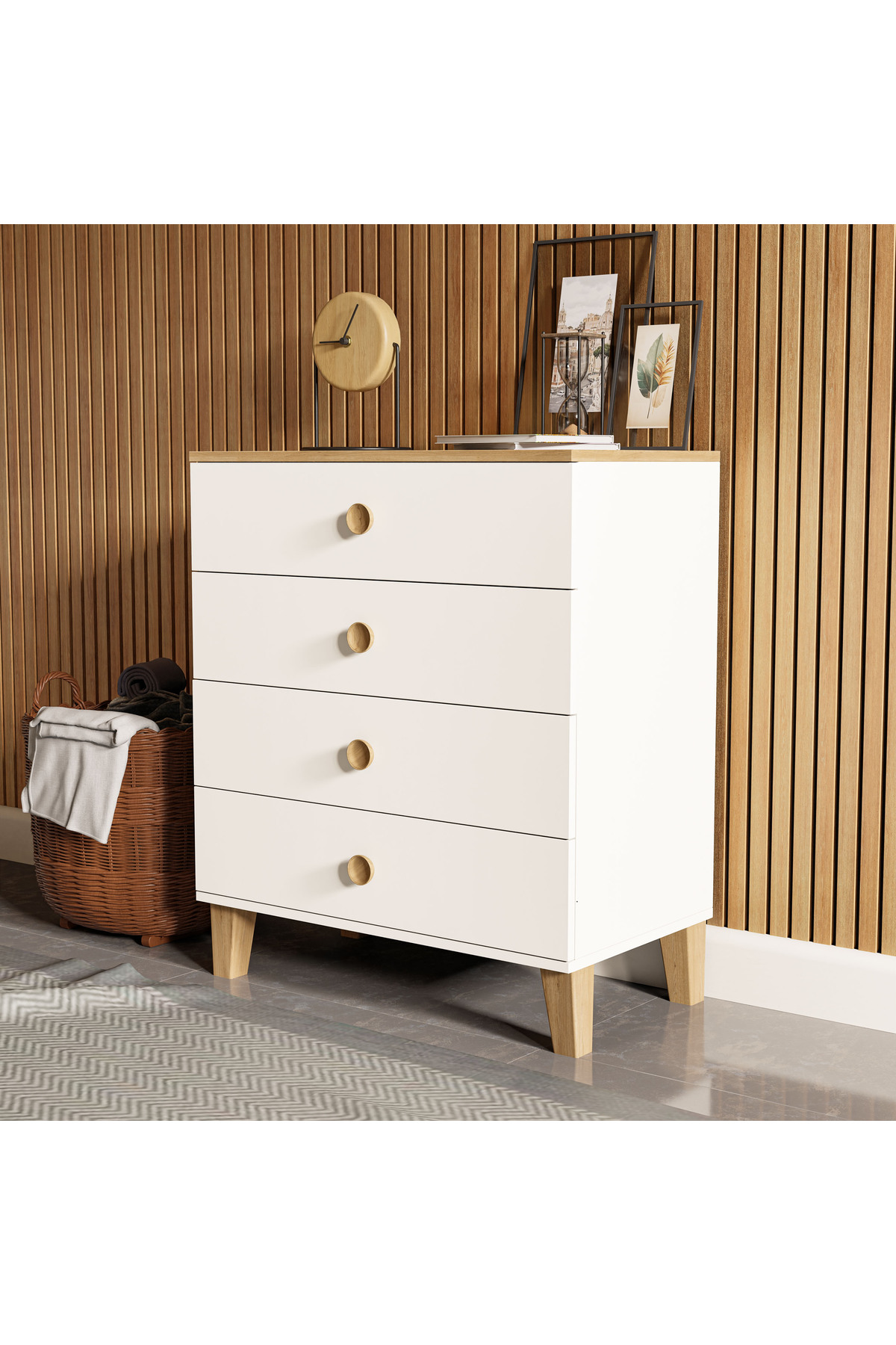 Commode Vento 4 tiroirs avec panier - Blanc