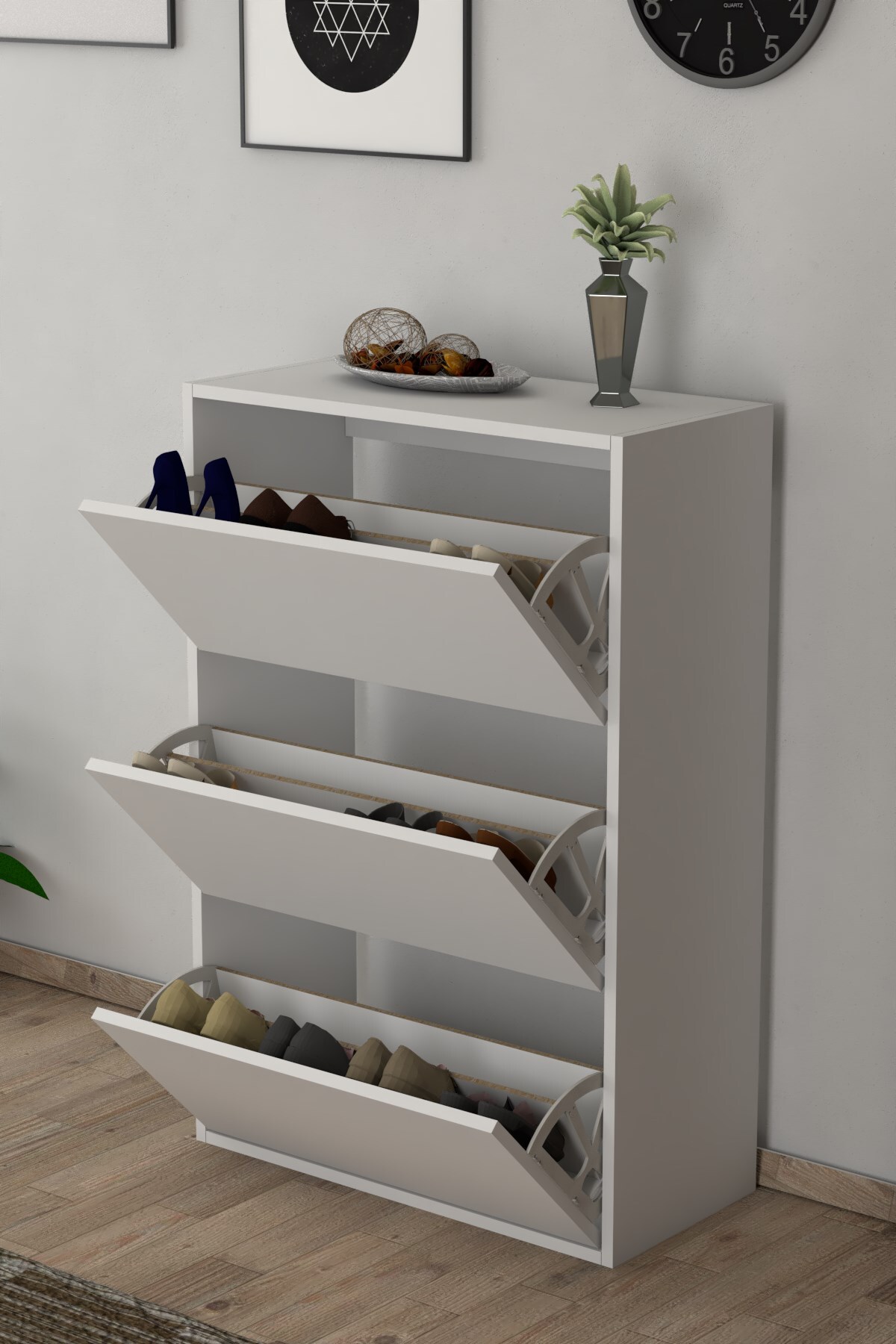Meuble à chaussures blanc avec 3 portes et étagères coulissantes