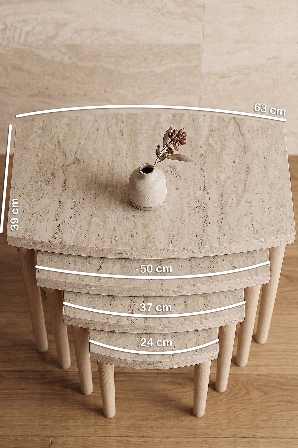 Ensemble de tables gigognes 4 pièces en MDF à motif travertin avec pieds en bois de charme, design moderne