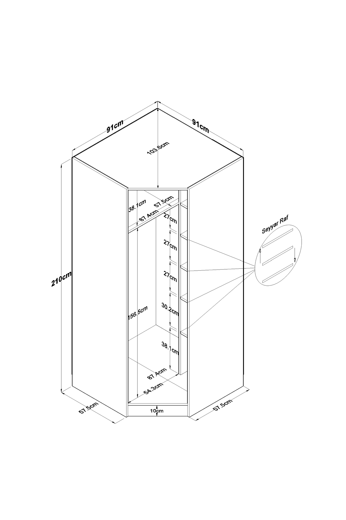 Rani  Module d'Angle Armoire 1 Porte avec 6 Étagères et Penderie Unité d'Angle Complémentaire Blanche