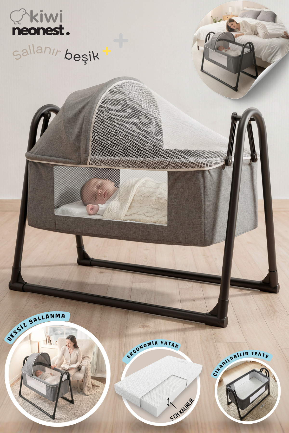 Lit bébé à côtés épais, avec moustiquaire et tente, suspendu. Berceau panier portable neuf anthracite