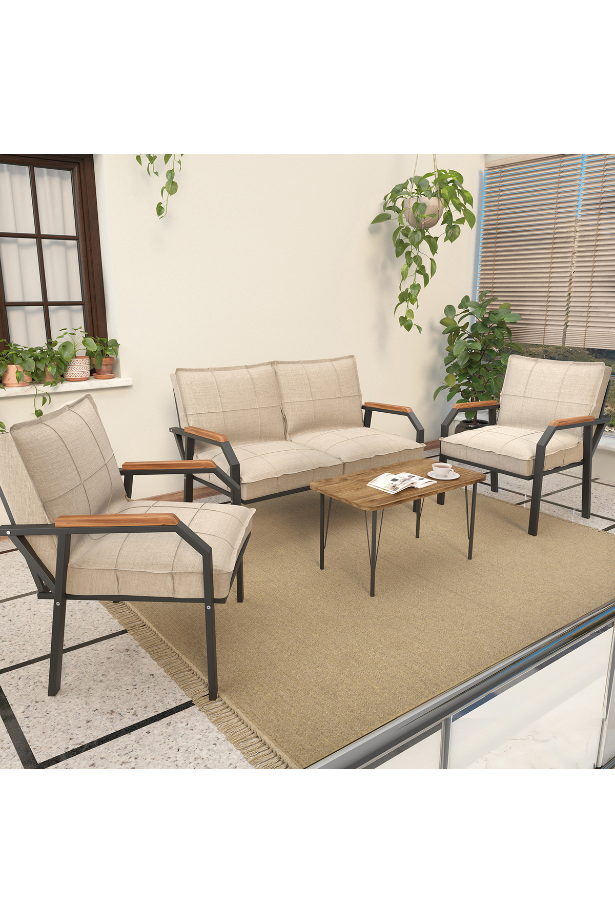 Hayal Balcon, Jardin, Café, Ensemble de Canapés en Métal, Meubles de Jardin,  avec Table Basse - Crème