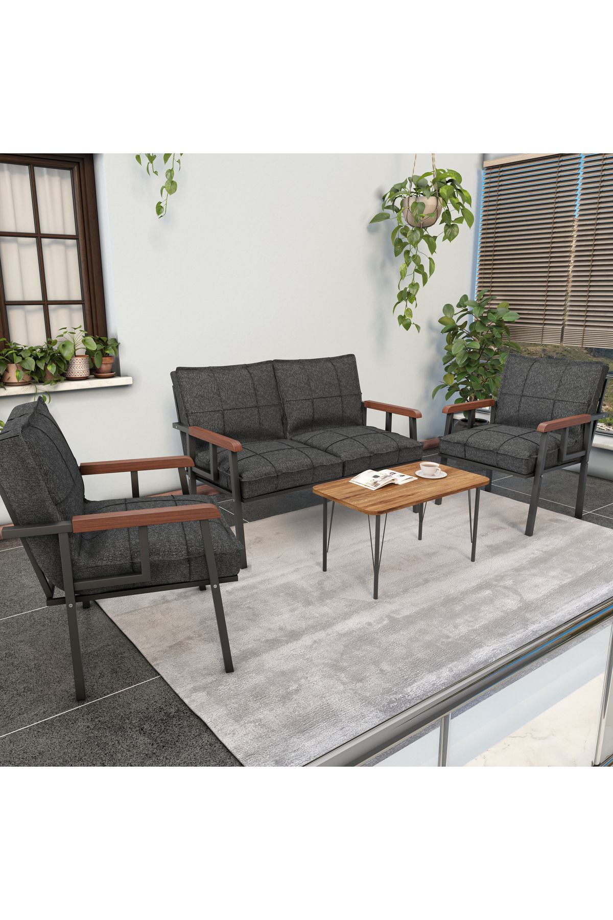 Série "Modern" Balcon, Jardin, Café - Ensemble Canapé en Métal 2 1 1 avec Table Cadeau - Anthracite