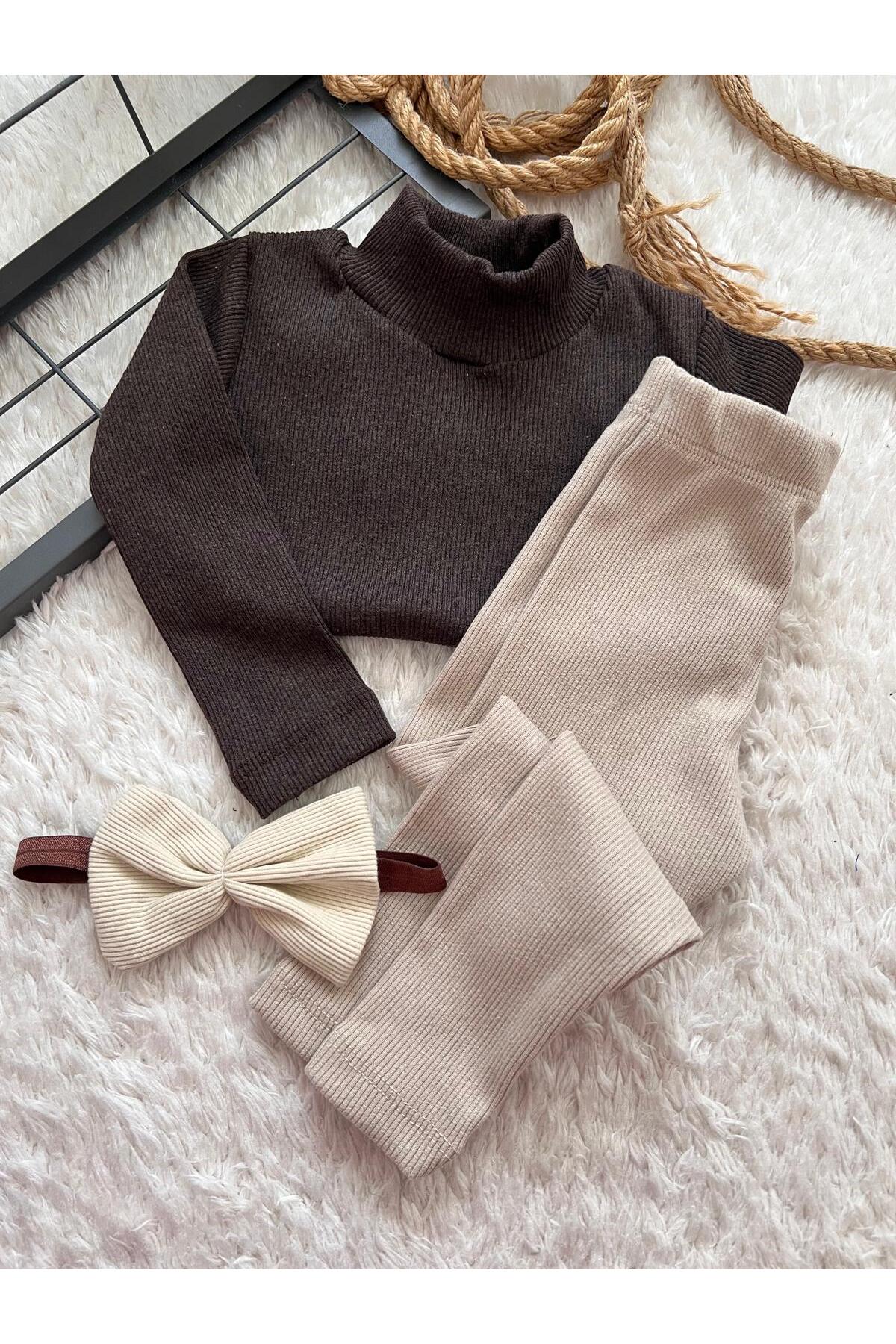 ENSEMBLE BÉBÉ ENFANT PANTALON COLLANT BRUN HAUT BANDEAU