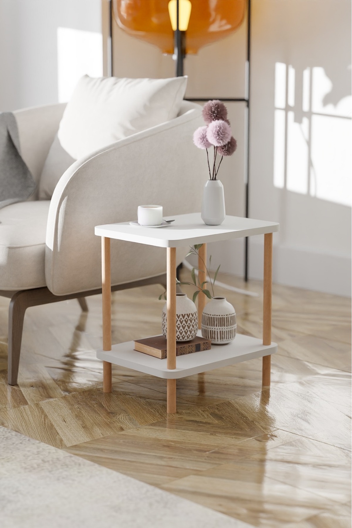 Table d'appoint latérale à 2 étagères avec large porte-journaux, bibliothèque, support pour fleurs, table de chevet, table de chevet polyvalente