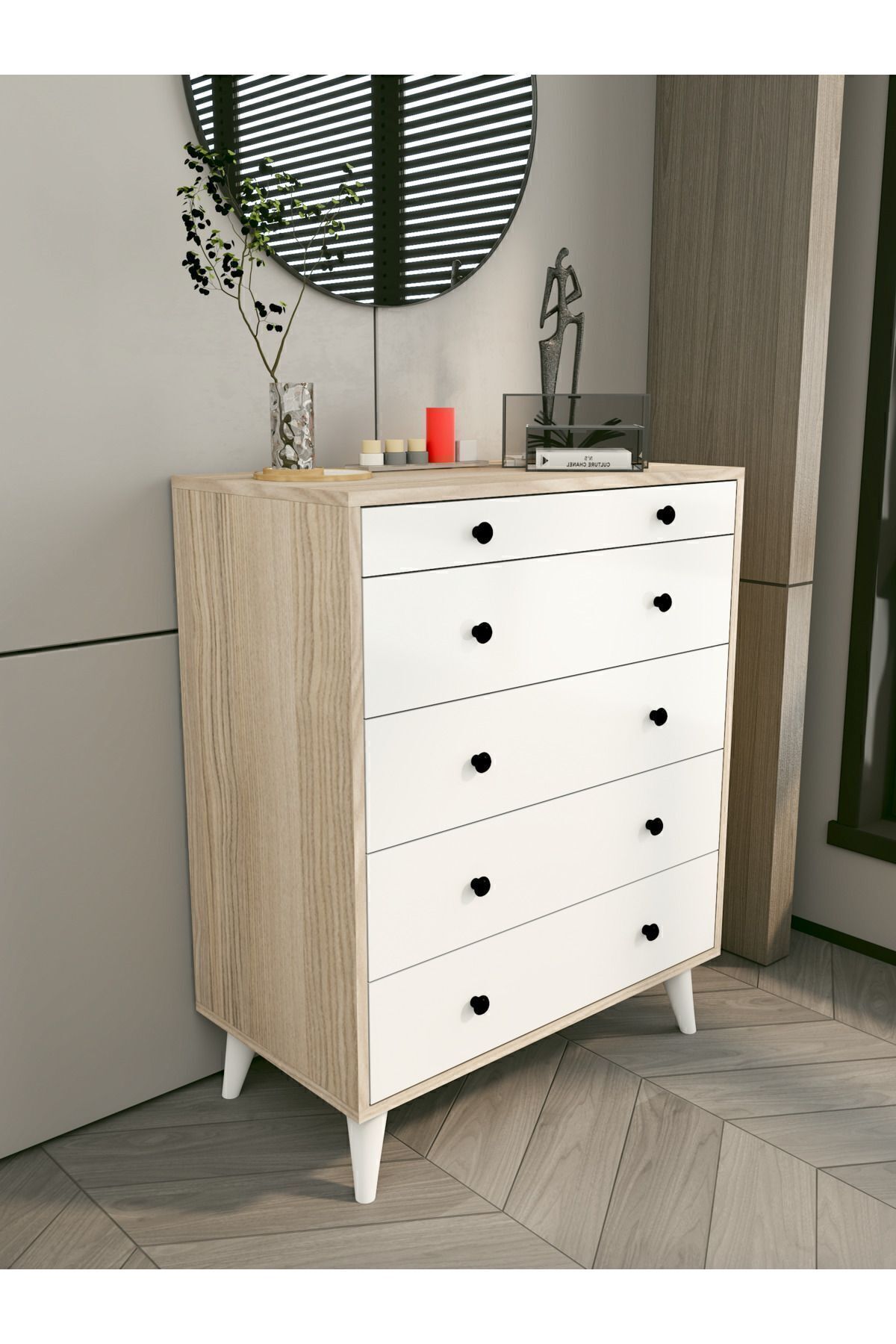 Commode Cordoba Blanc Brillant-marron 5 Tiroirs Commode de Campagne Table de Chevet en Bois