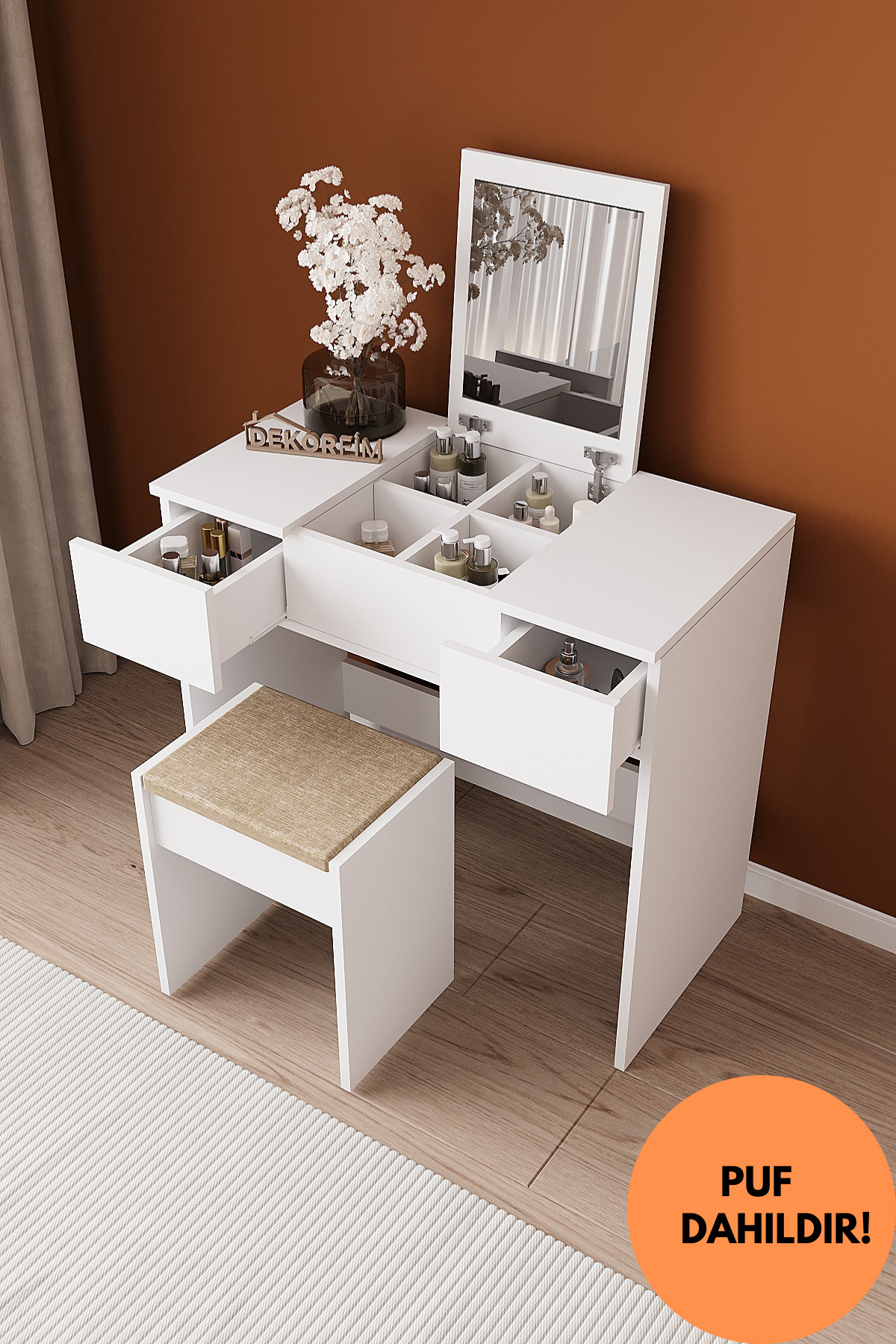 Coiffeuse avec miroir, pouf et tiroirs B Anka, blanc, avec organisateur pour chambre à coucher et siège