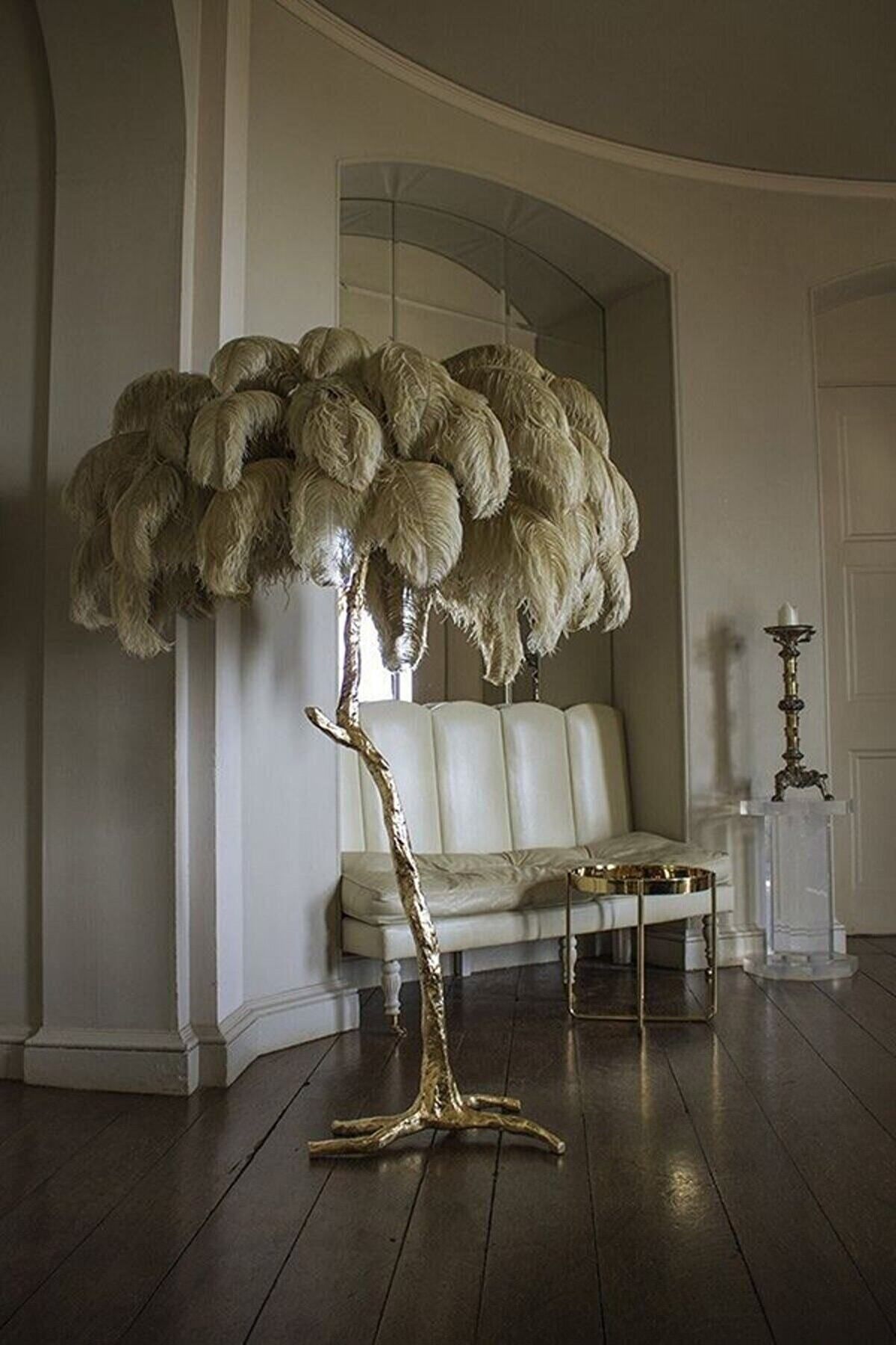 Lampadaire en plumes d'autruche ambre doré -édition spéciale-