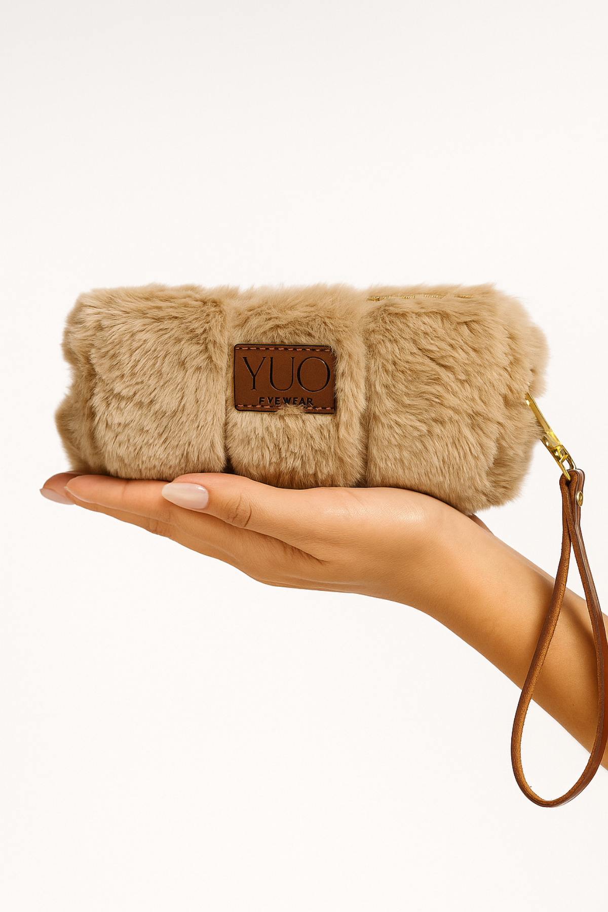 Étui polyvalent en peluche marron YUO – Lunettes, porte-stylo, trousse de maquillage, mini pochette