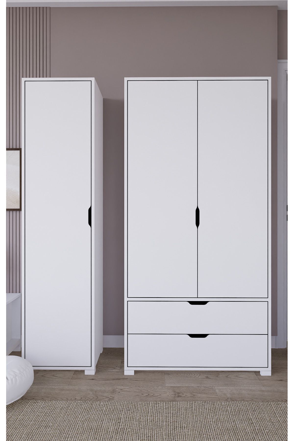 Armoire à vêtements Duru Mat Blanc à 3 portes et 2 tiroirs - Ensemble de garde-robe