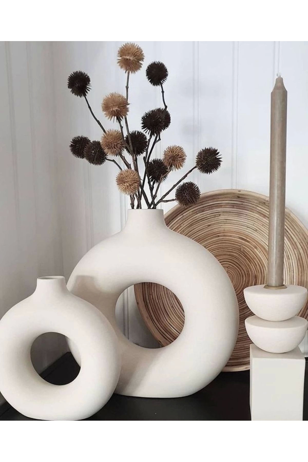 Set de Vases à Anneau Bohème (GRAND CM, PETIT CM) Décoratif, Cadeau Brut Blanc