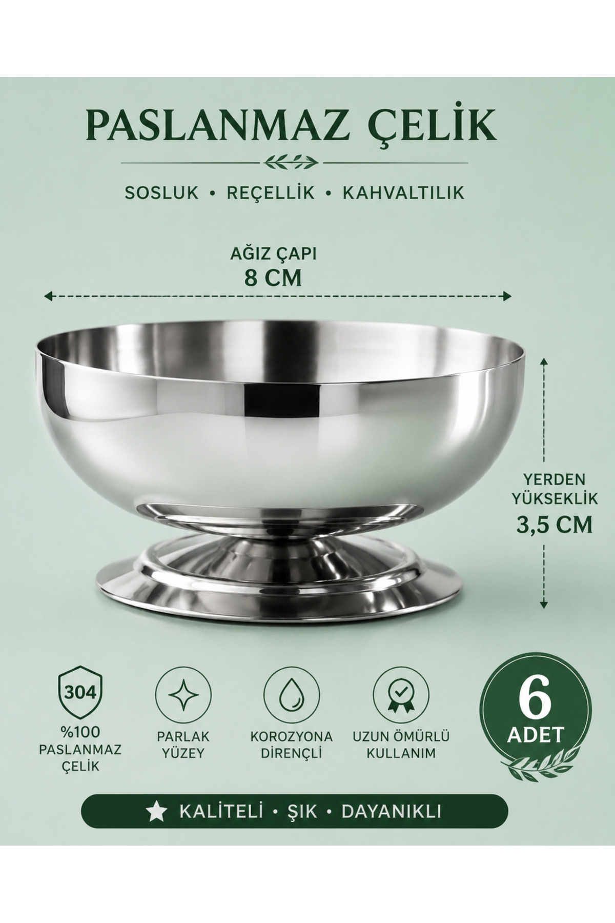 Set de 6 Bols de Présentation en Acier Inoxydable avec Pied de 8 cm | Pour Confiture, Sauce, Fruits Secs, Petit Déjeuner, Mezze, Cornichons, Présentation, Cadeau