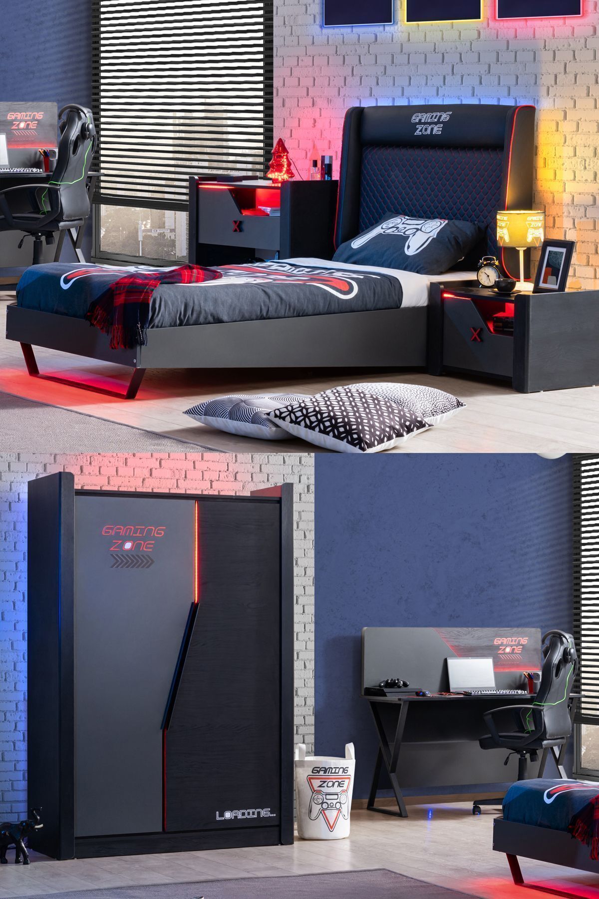 Chambre d'adolescent avec thème gamer - Armoire 2 portes, lit, table de chevet, commode, bureau