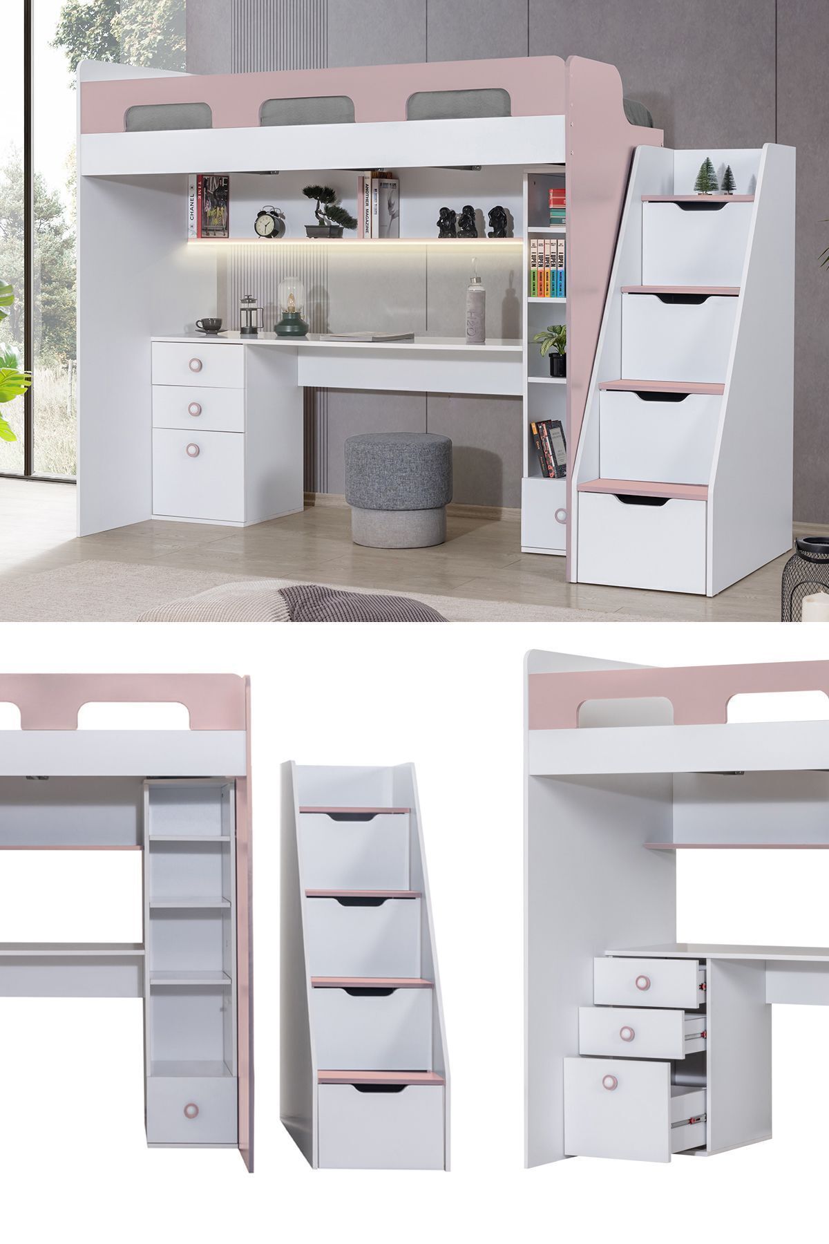 Lit superposé, bureau et bibliothèque Troya - Rose