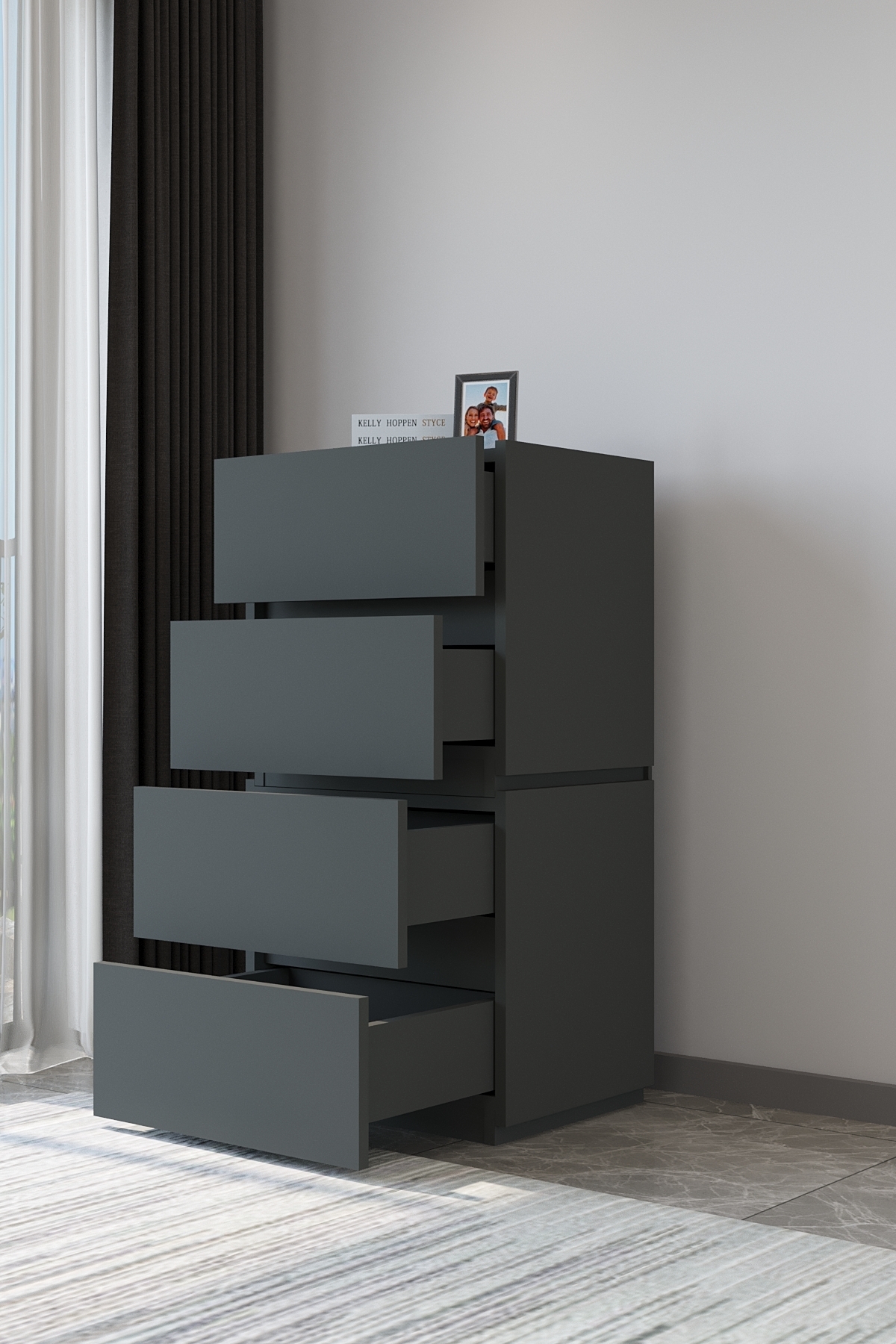 Commode Galata 4 tiroirs en similicuir anthracite pour chambre à coucher ou chambre de bébé