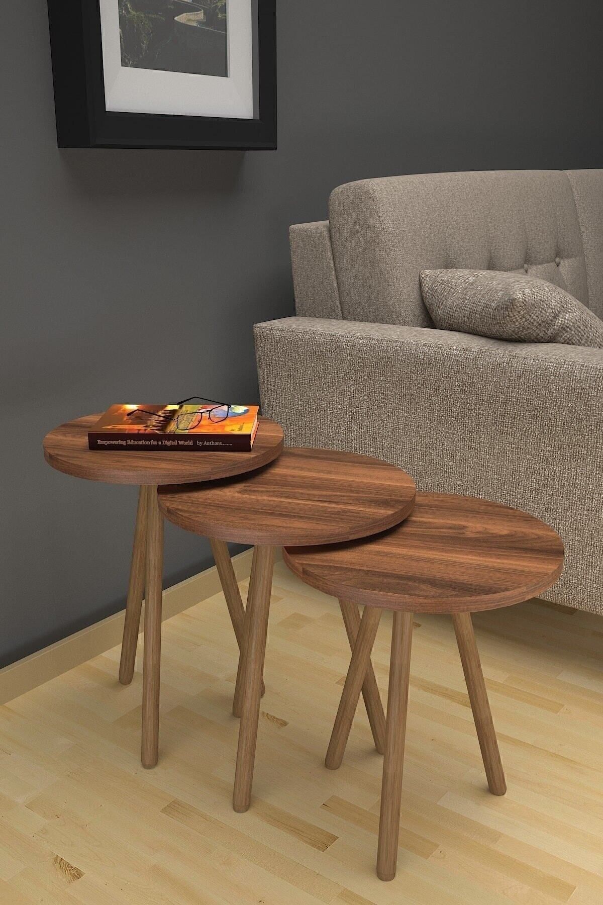 Ensemble de 3 tables gigognes rondes – Pieds en bois, style moderne, table à café et de présentation en noyer