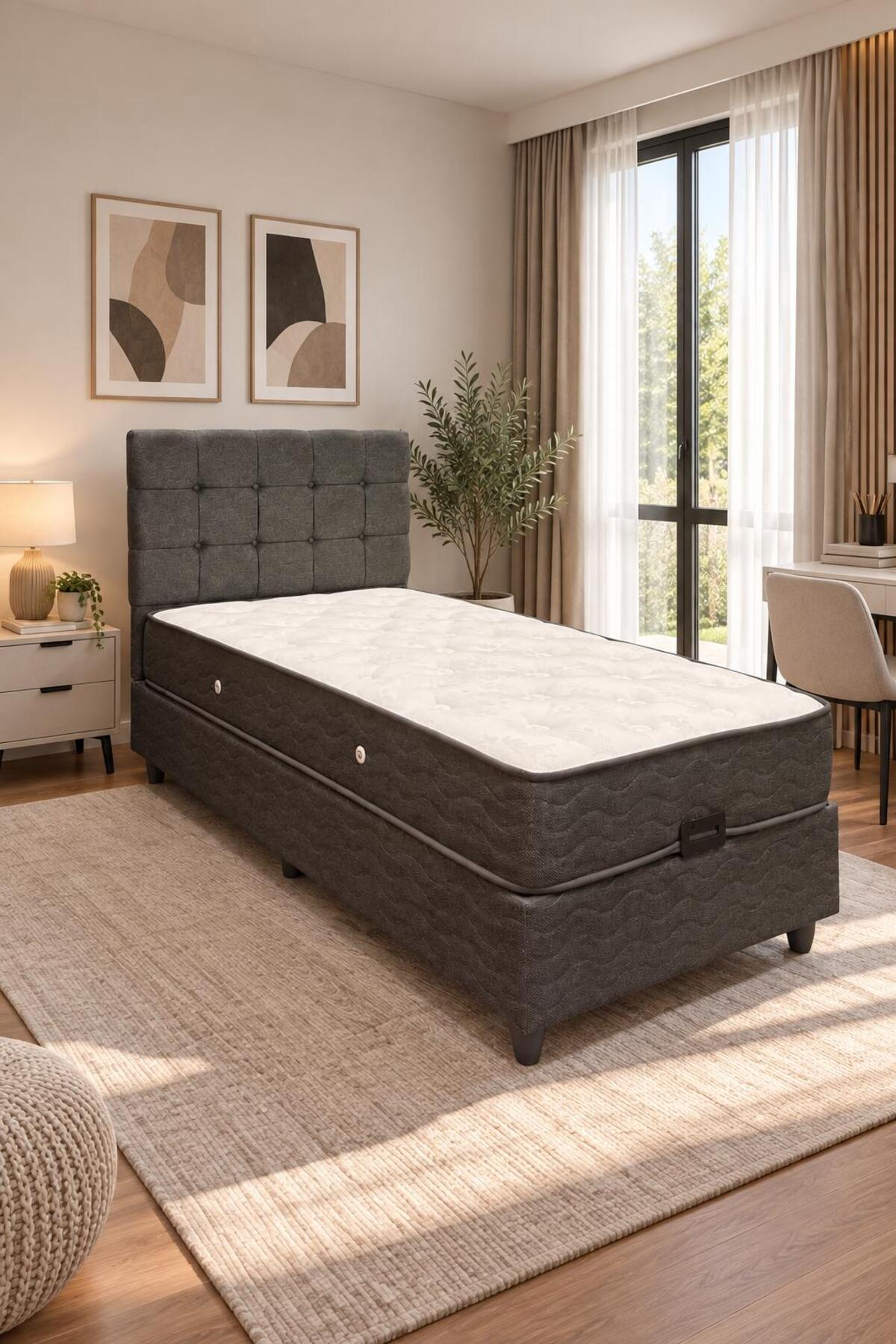 Ensemble de tête de lit et sommier coffre simple Bengü Anthracite 3 pièces Orthopédique Pratique avec grand espace de rangement